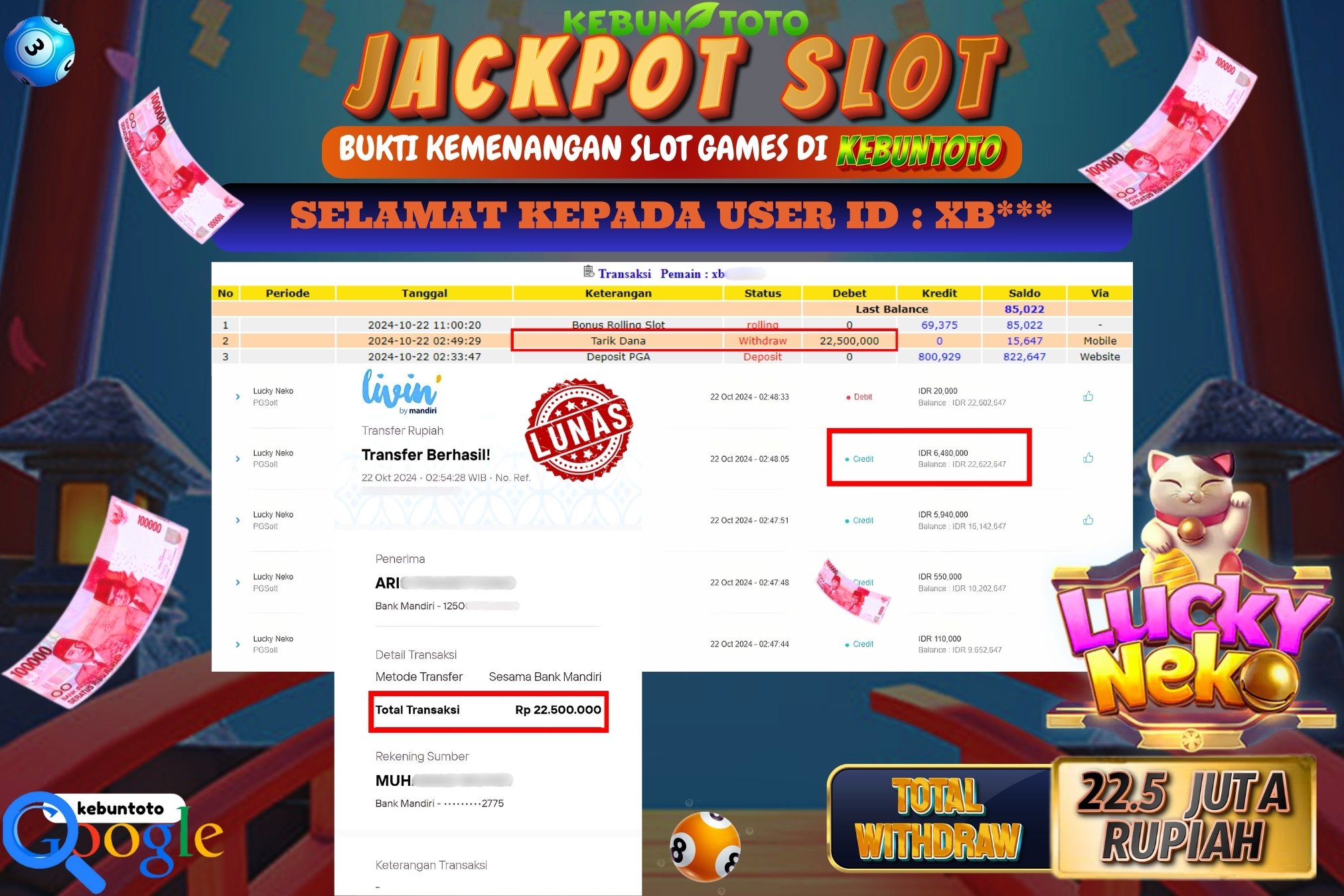KEBUNTOTO JACKPOT SLOT LUCKY NEKO Rp.22.500.000,- LUNAS