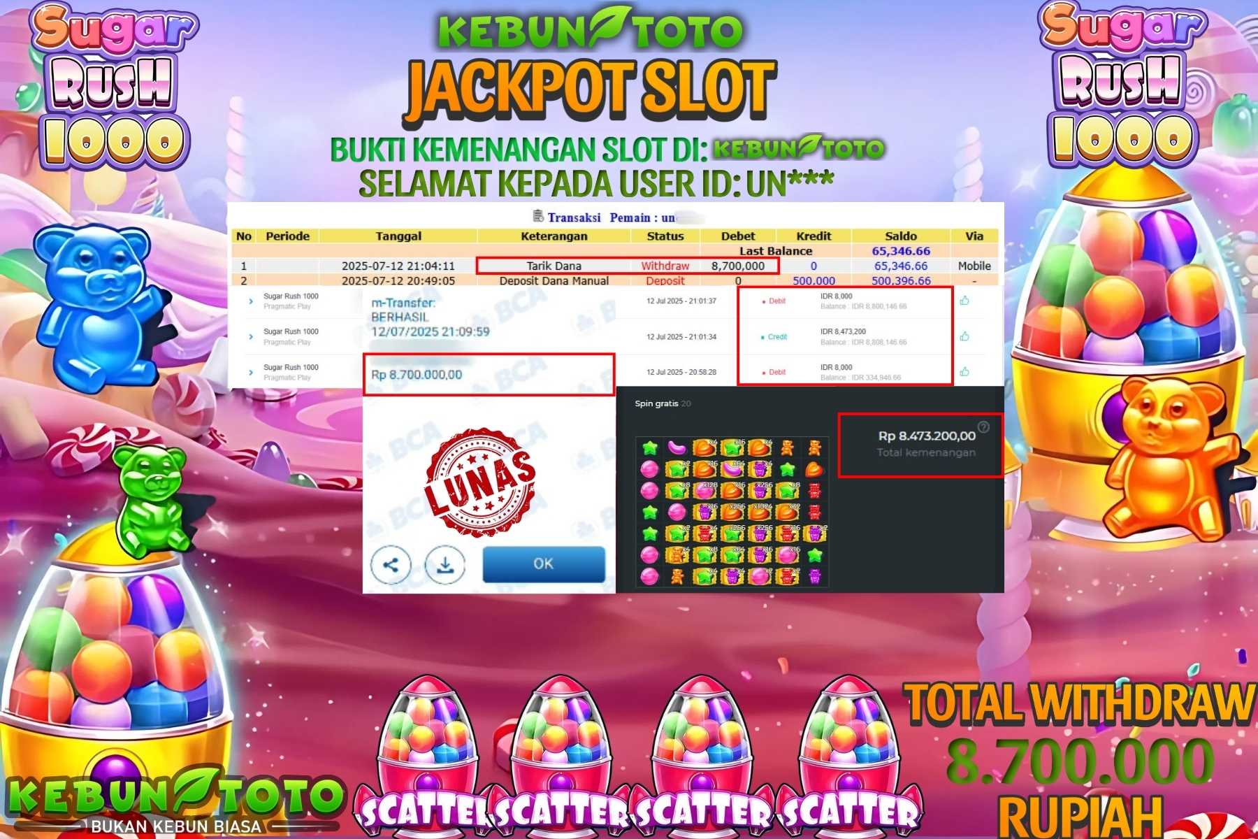 Bukti Kemenangan Rp 8.700.000 SLOT SUGAR RUSH 1000 di KEBUNTOTO!