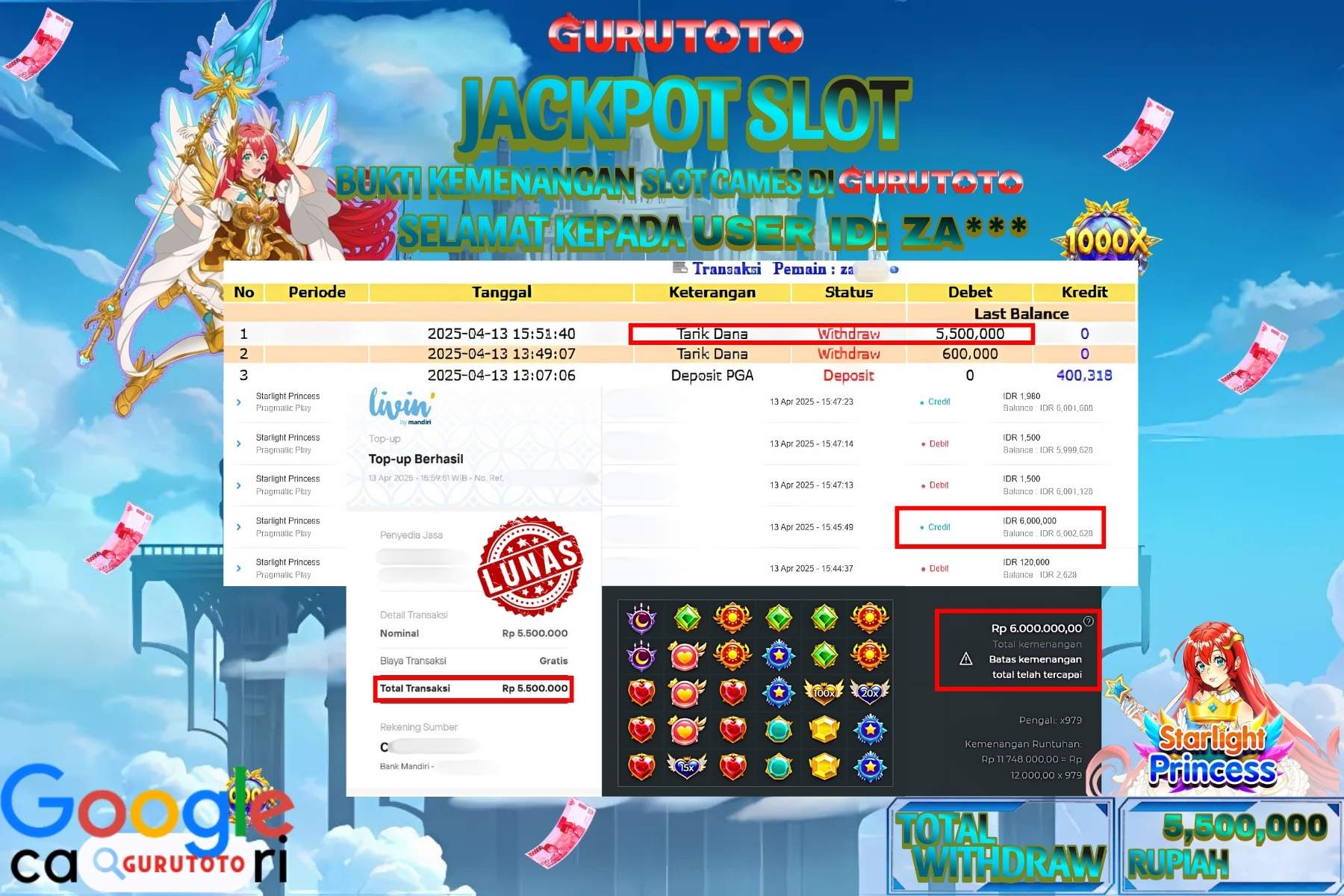 GURUTOTO JACKPOT, SLOT STARLIGHT PRINCESS , Sebesar Rp 5.500.000,- LUNAS