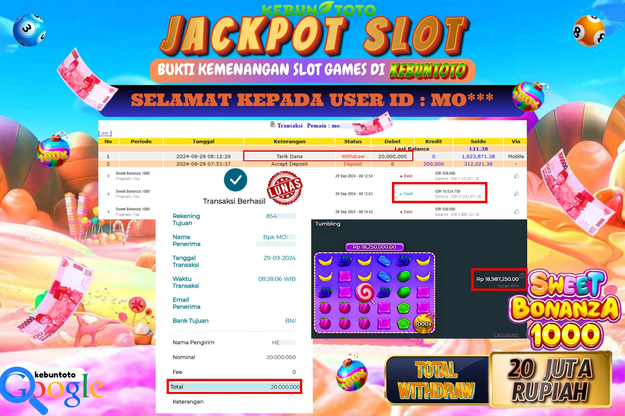 KEBUNTOTO JACKPOT SLOT SWEET BONANZA 1000 Rp.20.000.000,- LUNAS