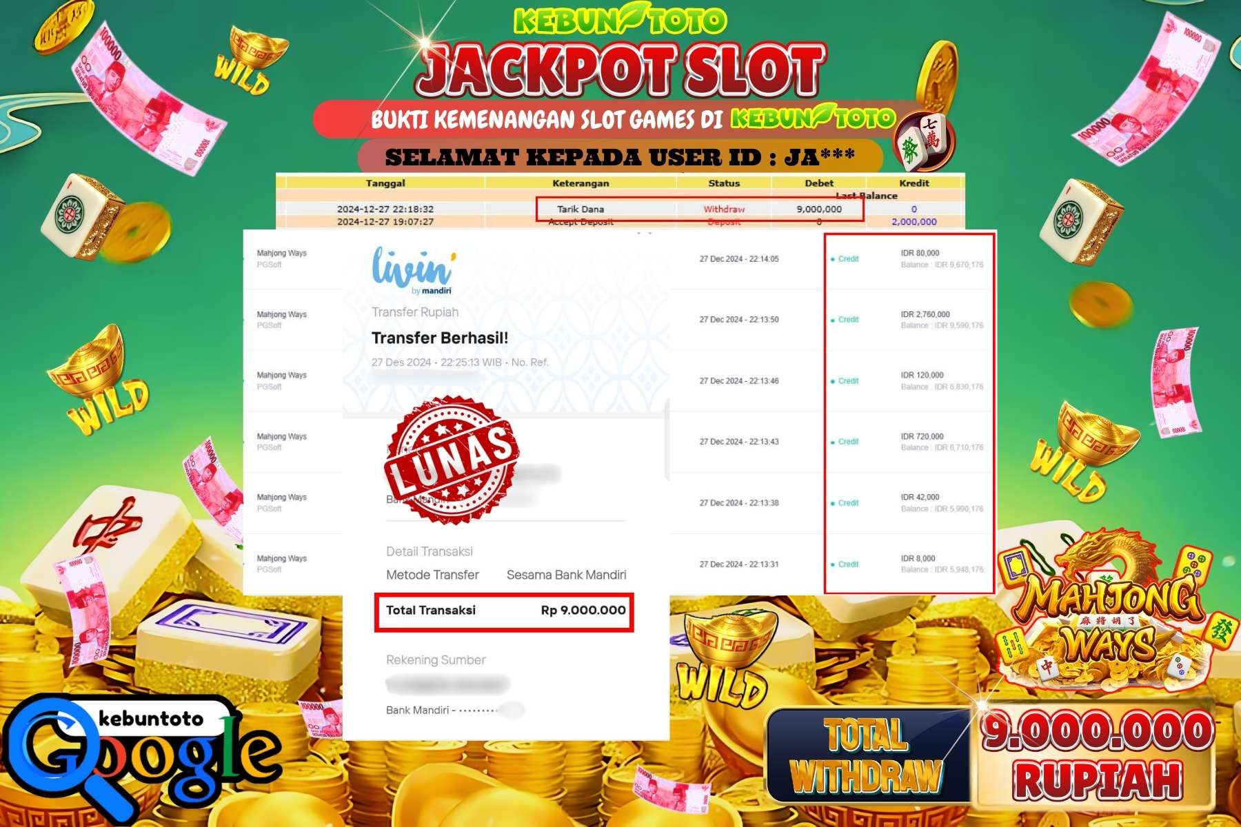KEBUNTOTO JACKPOT SLOT MAHJONG WAYS , Sebesar Rp.9.000.000,- LUNAS