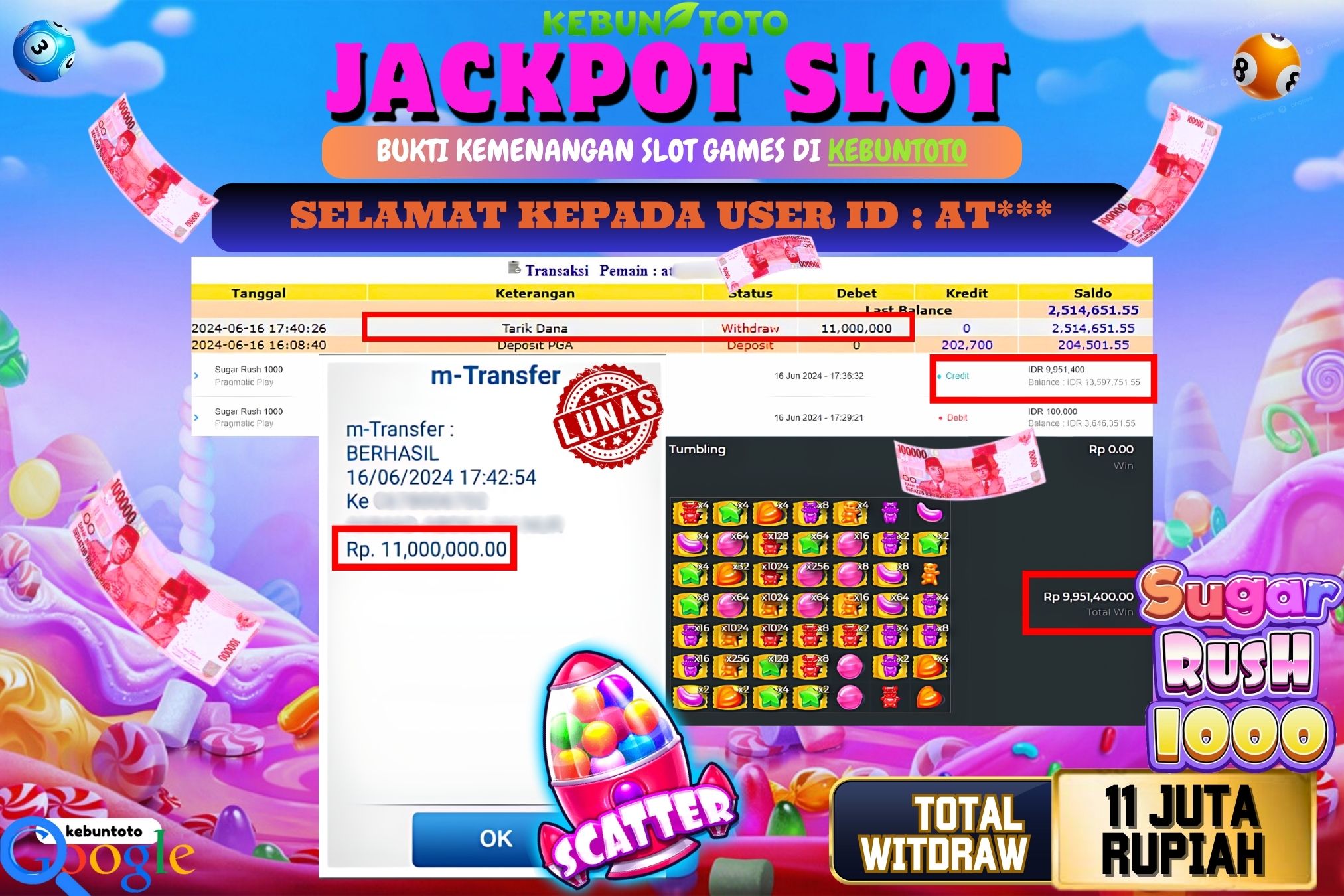 KEBUNTOTO JACKPOT SLOT SUGAR RUSH 1000 Rp.11.000.000,- LUNAS