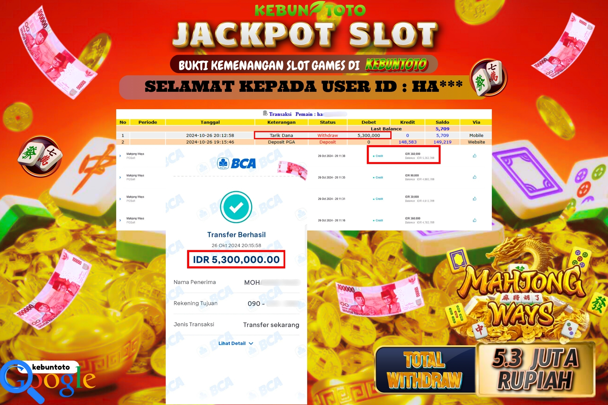 KEBUNTOTO JACKPOT SLOT MAHJONG WAYS Rp.5.300.000,- LUNAS