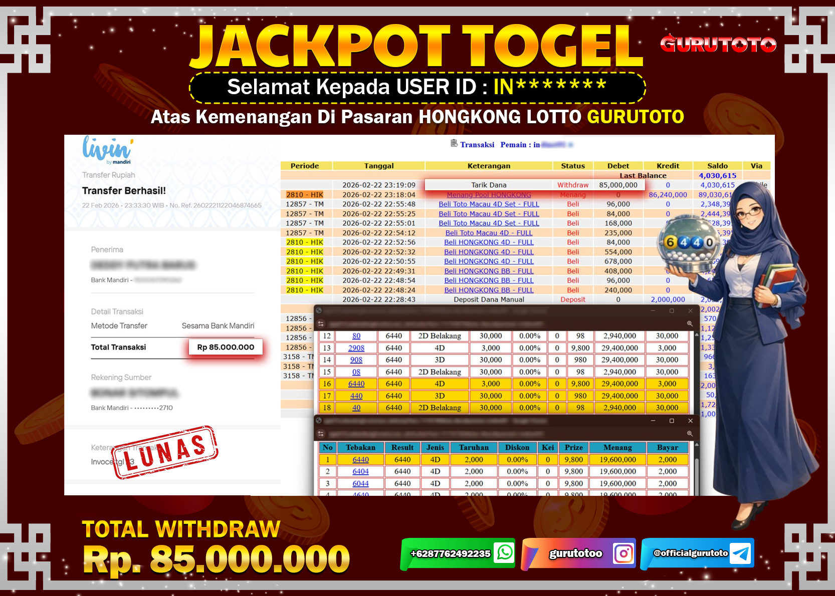 Bukti Kemenangan Rp 85.000.000 HONGKONG LOTTO di GURUTOTO !