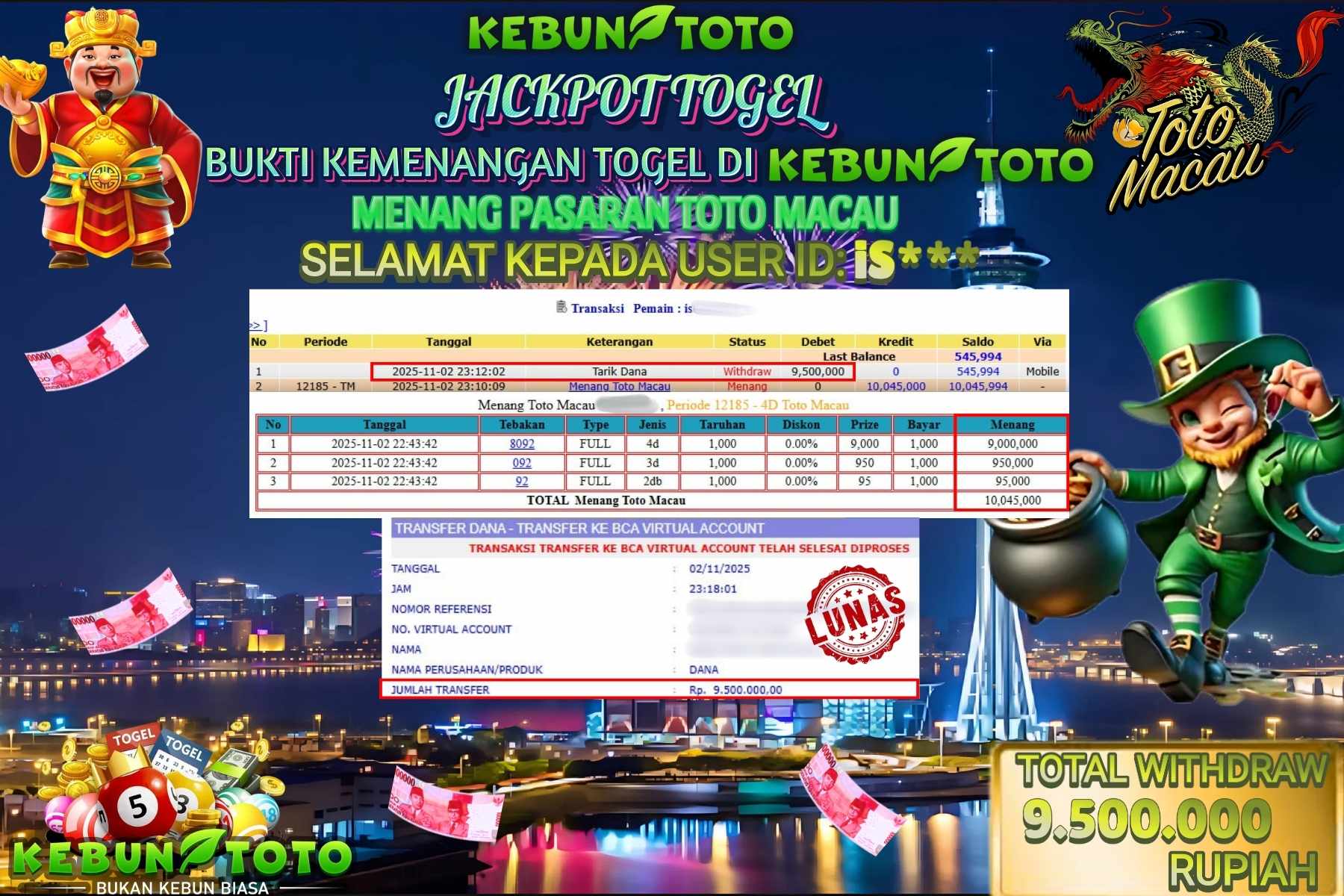 Bukti Kemenangan Rp 9.500.000 TOGEL TOTO MACAU di KEBUNTOTO!