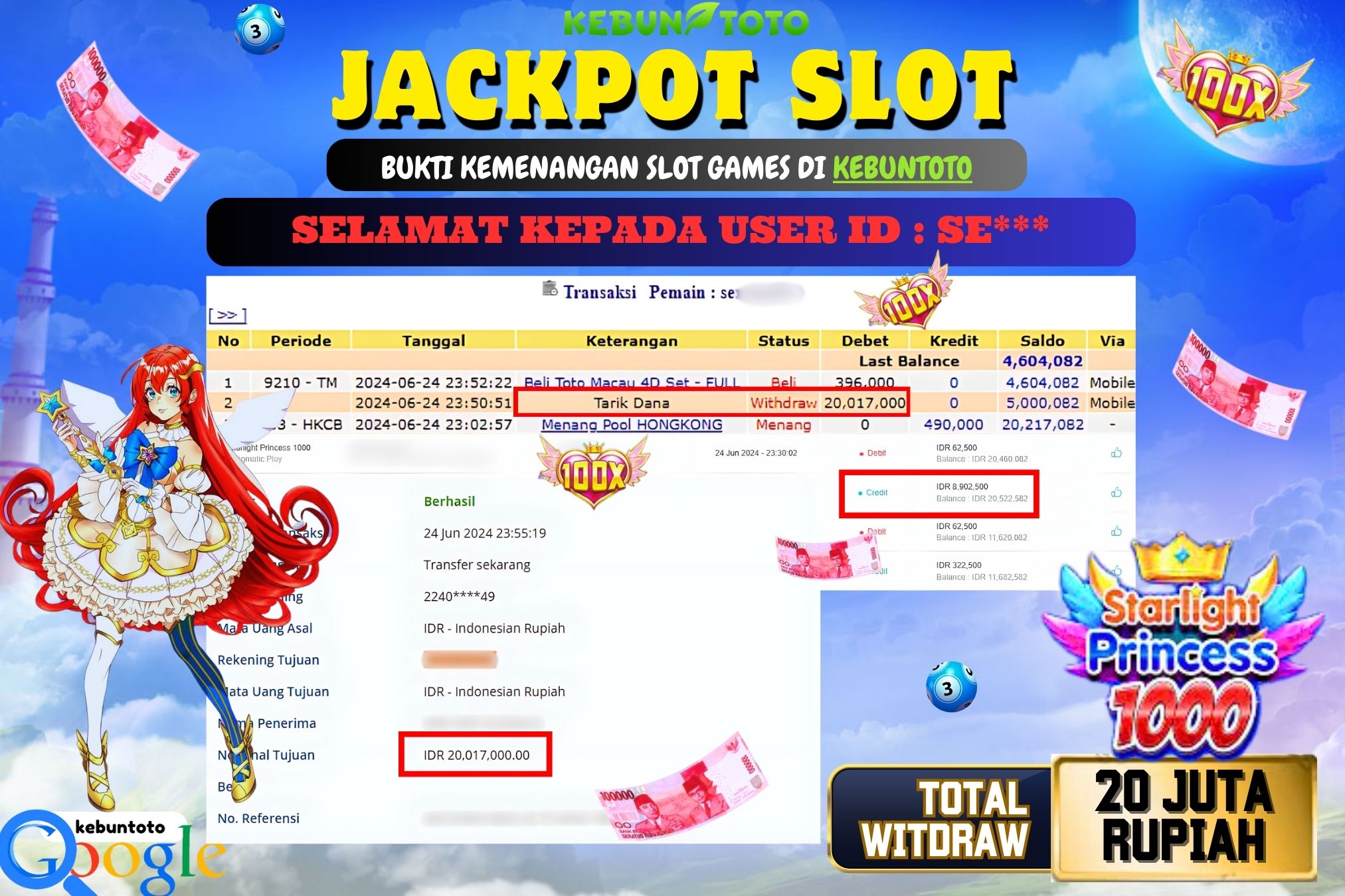 KEBUNTOTO JACKPOT SLOT STARLIGHT PRINCESS 1000 Rp.20.017.000,- LUNAS