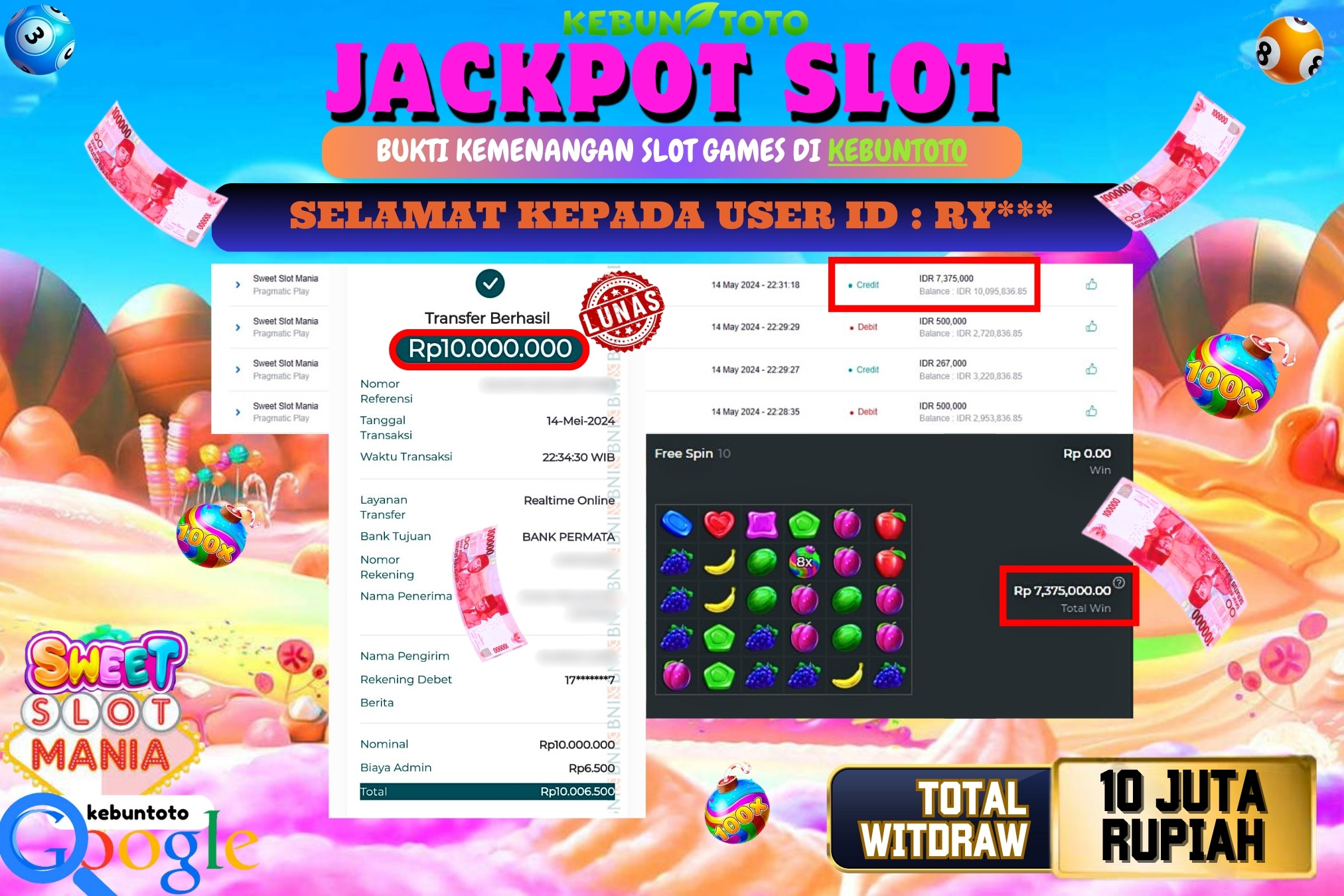 KEBUNTOTO JACKPOT SWEET SLOT MANIA Rp.10.000.000,- LUNAS