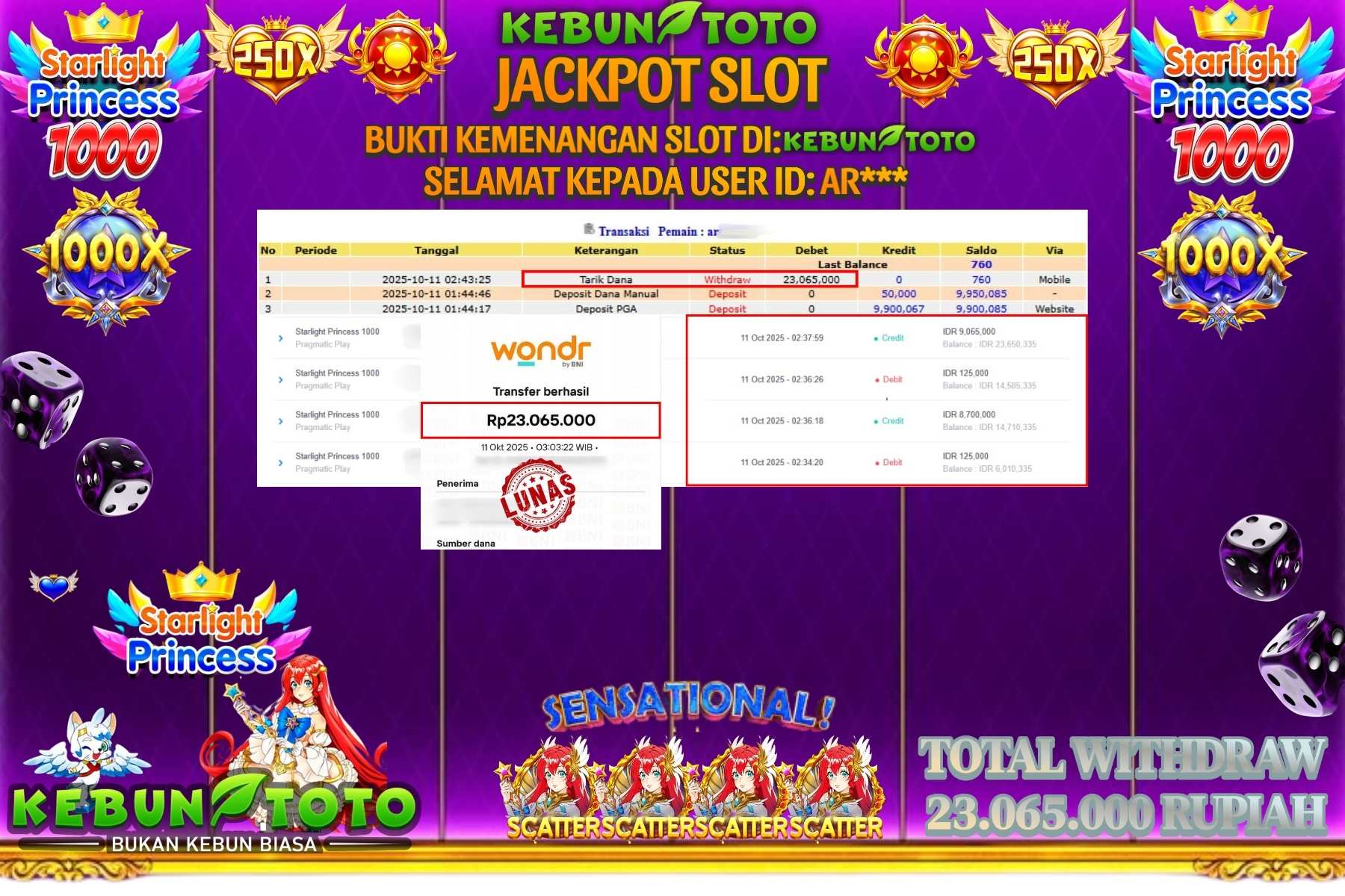 Bukti Kemenangan Rp 23.065.000 SLOT STARLIGHT PRINCESS 1000 di KEBUNTOTO!