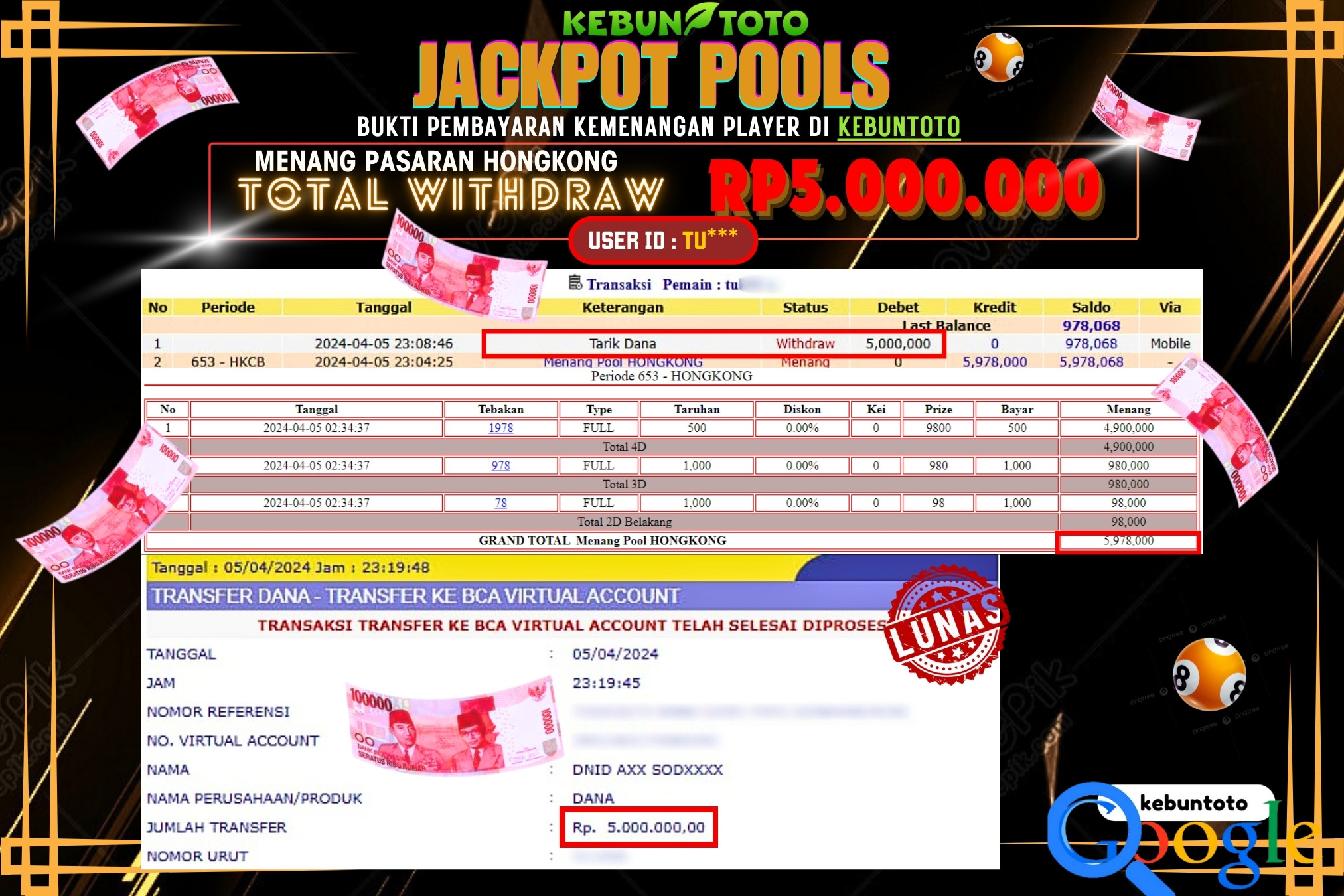 KEBUNTOTO JACKPOT TOGEL PASARAN HONGKONG Rp.5.000.000,- LUNAS