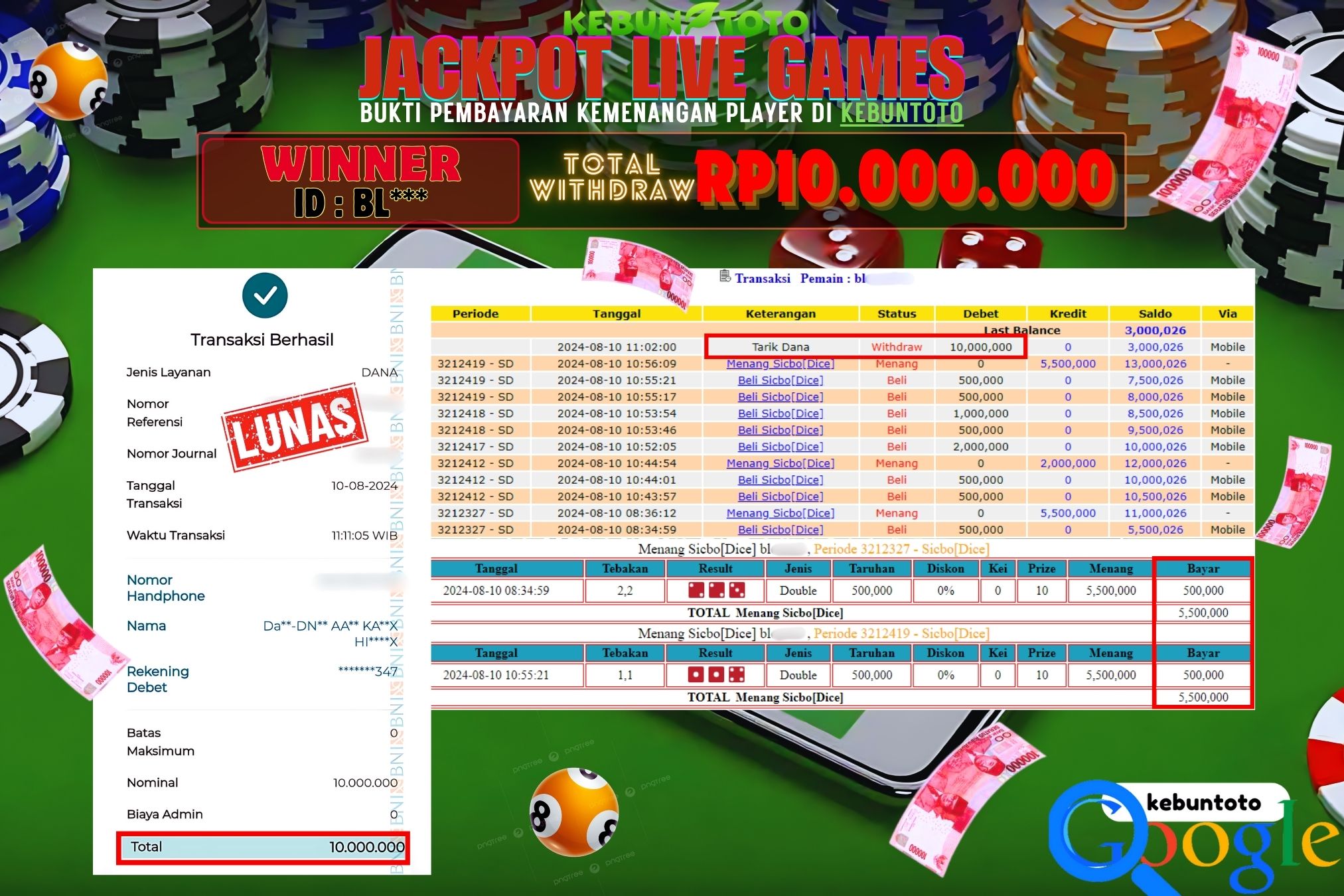KEBUNTOTO JACKPOT LIVE GAMES SICBO DICE Rp.10.000.000,- LUNAS