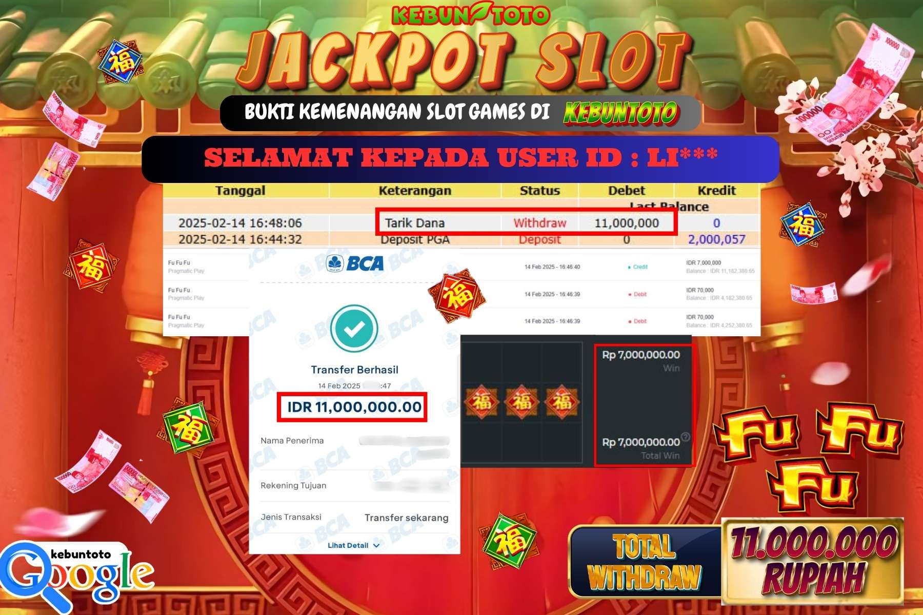 KEBUNTOTO JACKPOT,  SLOT FU FU FU , Sebesar Rp 11.000.000,- LUNAS