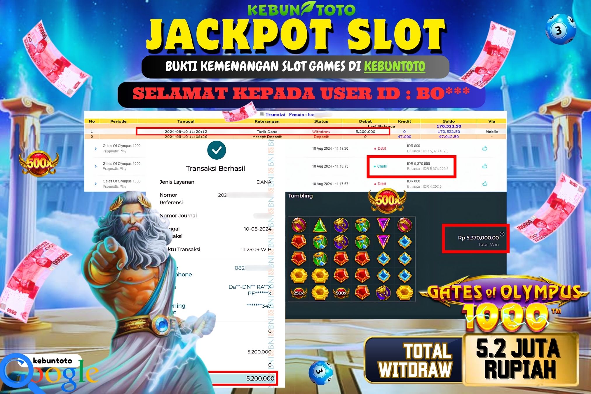 KEBUNTOTO JACKPOT SLOT GATES OF OLYMPUS 1000 Rp.5.200.000,- LUNAS