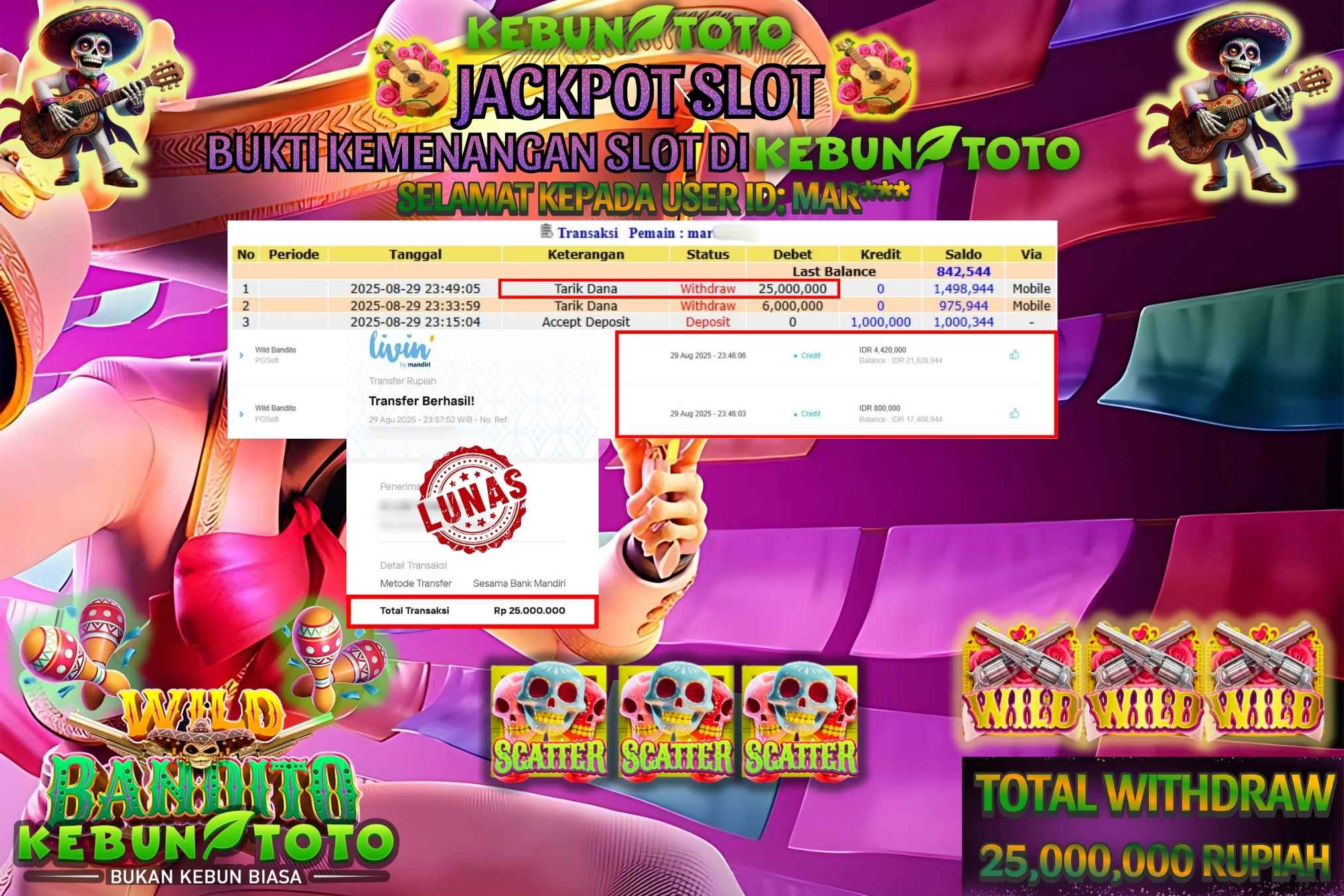 Bukti Kemenangan Rp 25.000.000 SLOT WILD BANDITO di KEBUNTOTO!