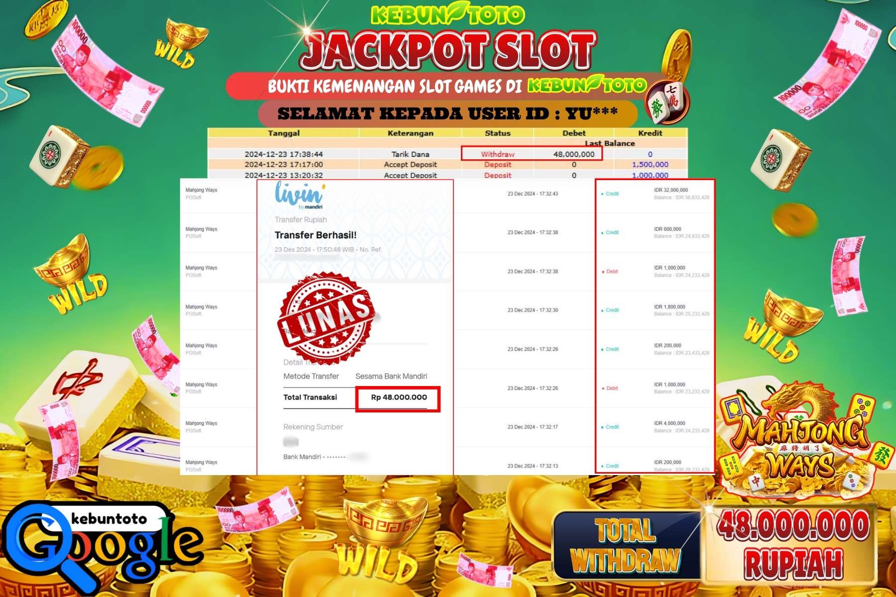 KEBUNTOTO JACKPOT SLOT MAHJONG WAYS , Sebesar Rp.48.000.000,- LUNAS