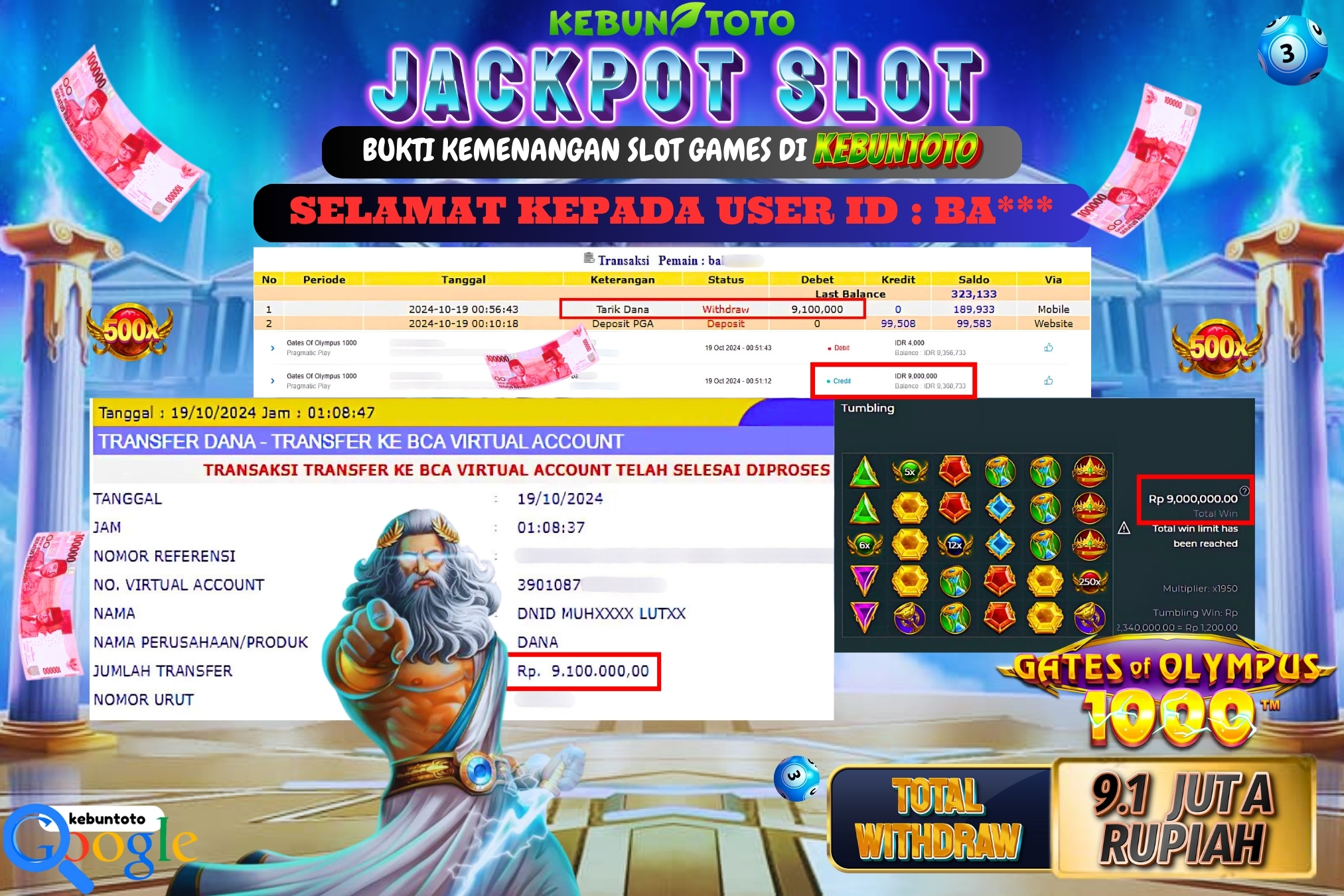 KEBUNTOTO JACKPOT SLOT GATES OF OLYMPUS 1000 Rp.9.100.000,- LUNAS