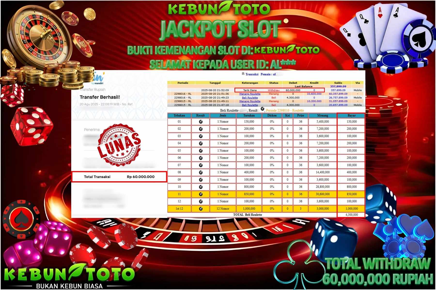 Bukti Kemenangan Rp 60.000.000 CASINO ROULETTE di KEBUNTOTO!