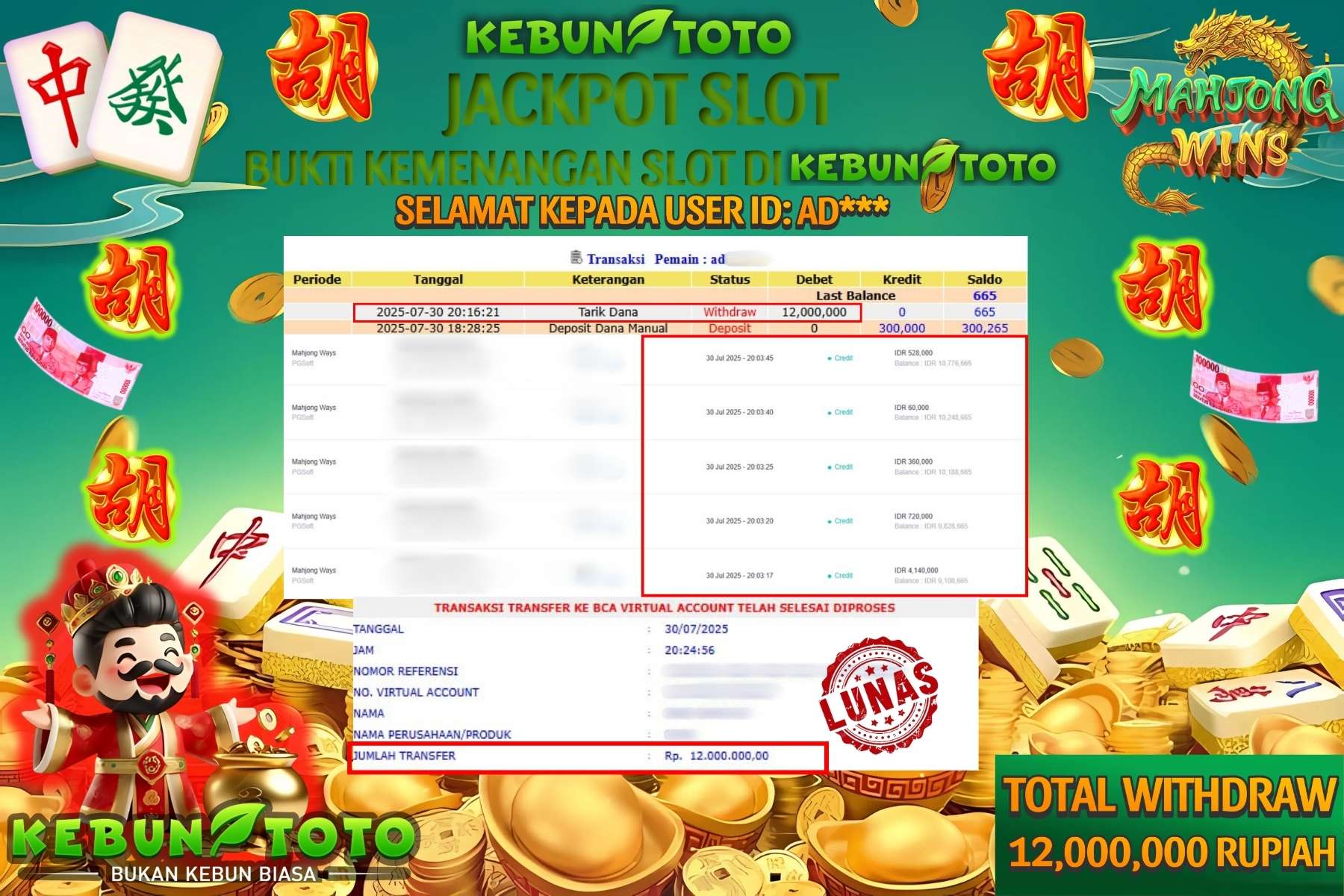 Bukti Kemenangan Rp 12.000.000 SLOT MAHJONG WAYS di KEBUNTOTO!