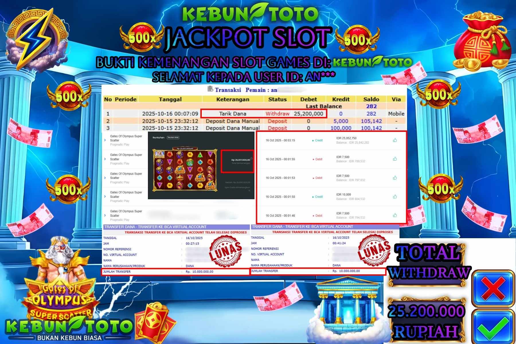 Bukti Kemenangan Rp 25.200.000 SLOT GATES OF OLYMPUS SUPER SCATTER di KEBUNTOTO!