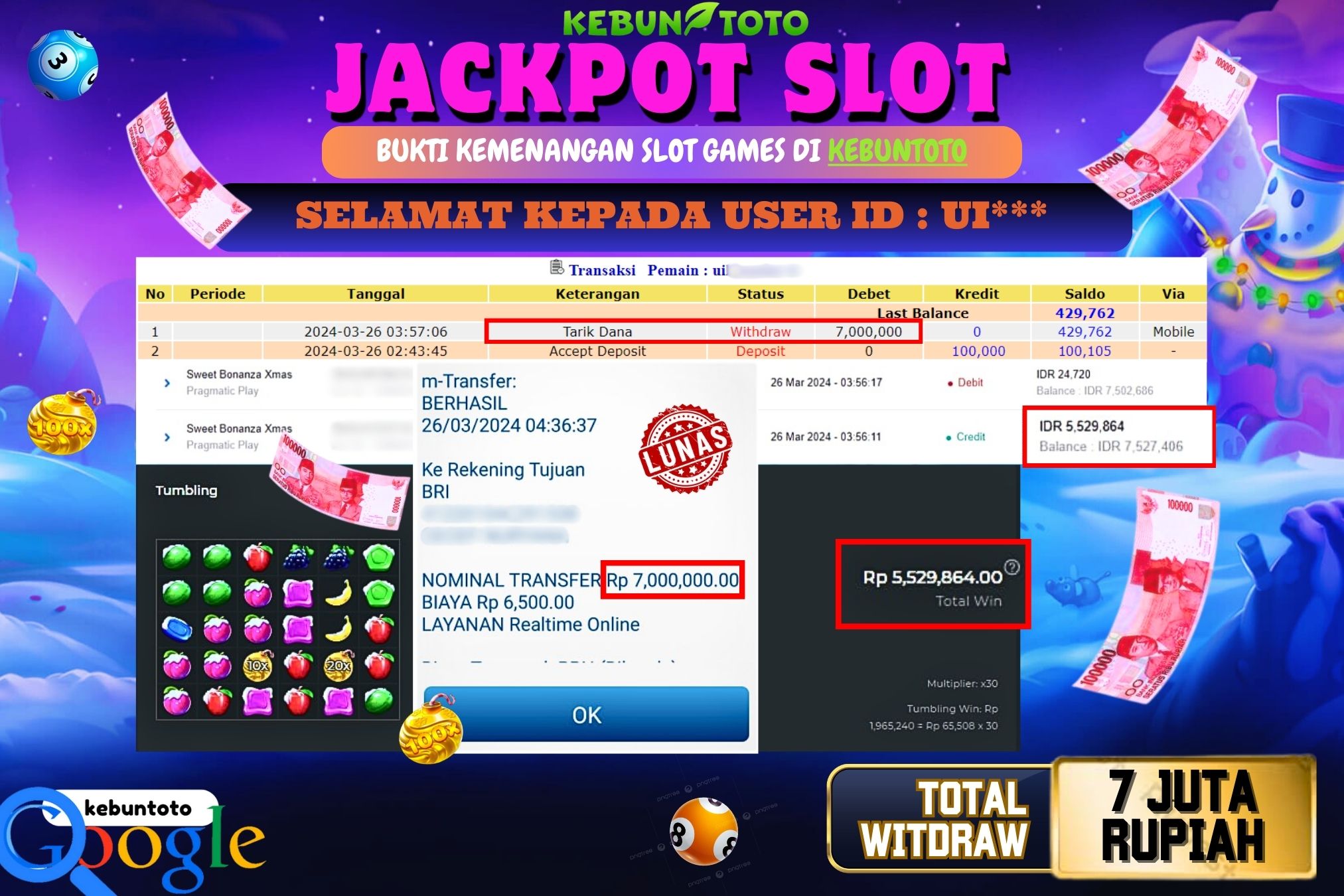KEBUNTOTO JACKPOT SLOT SWEET BONANZA XMAS Rp.7.000.000,- LUNAS