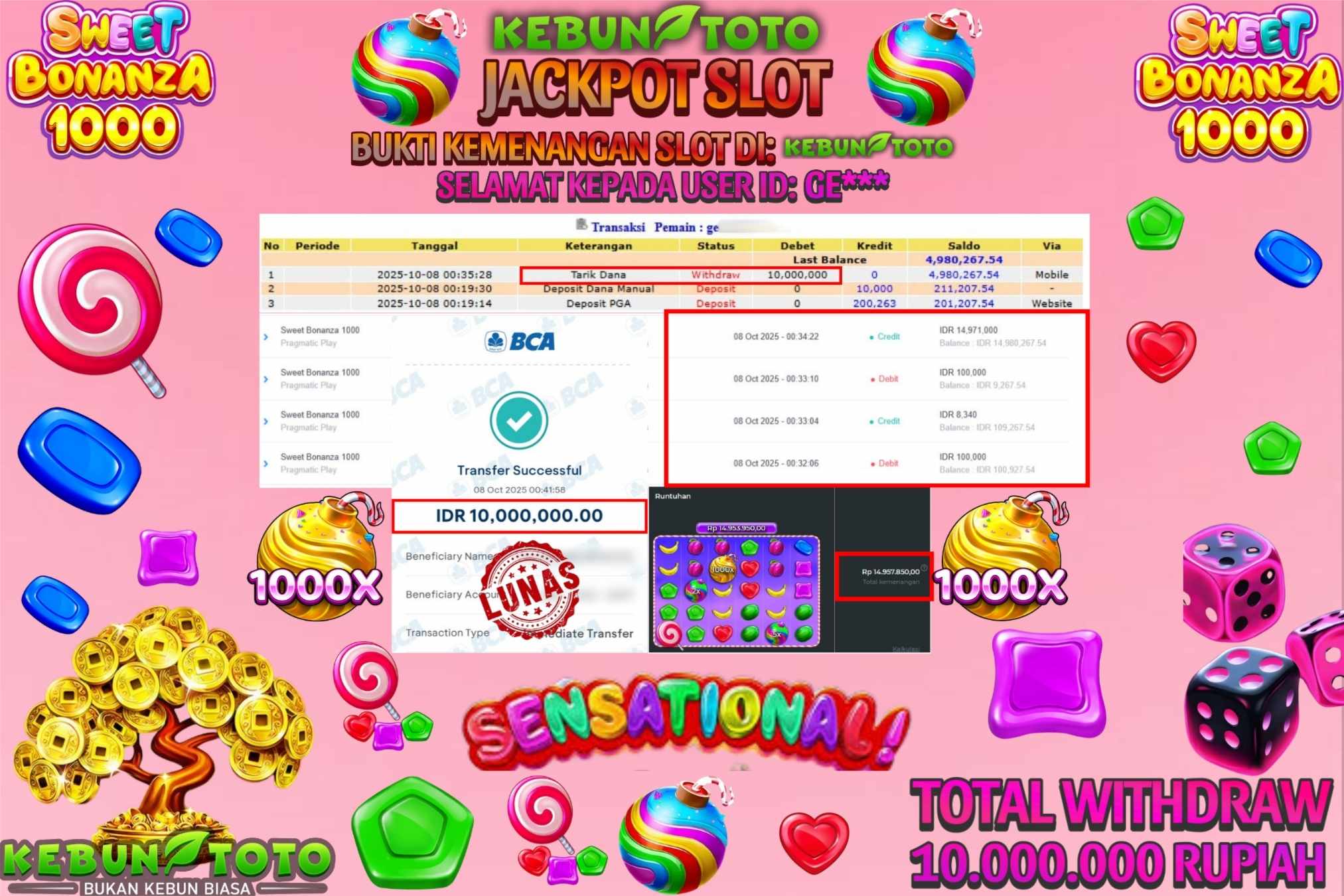 Bukti Kemenangan Rp 10.000.000 SLOT SWEET BONANZA 1000 di KEBUNTOTO!