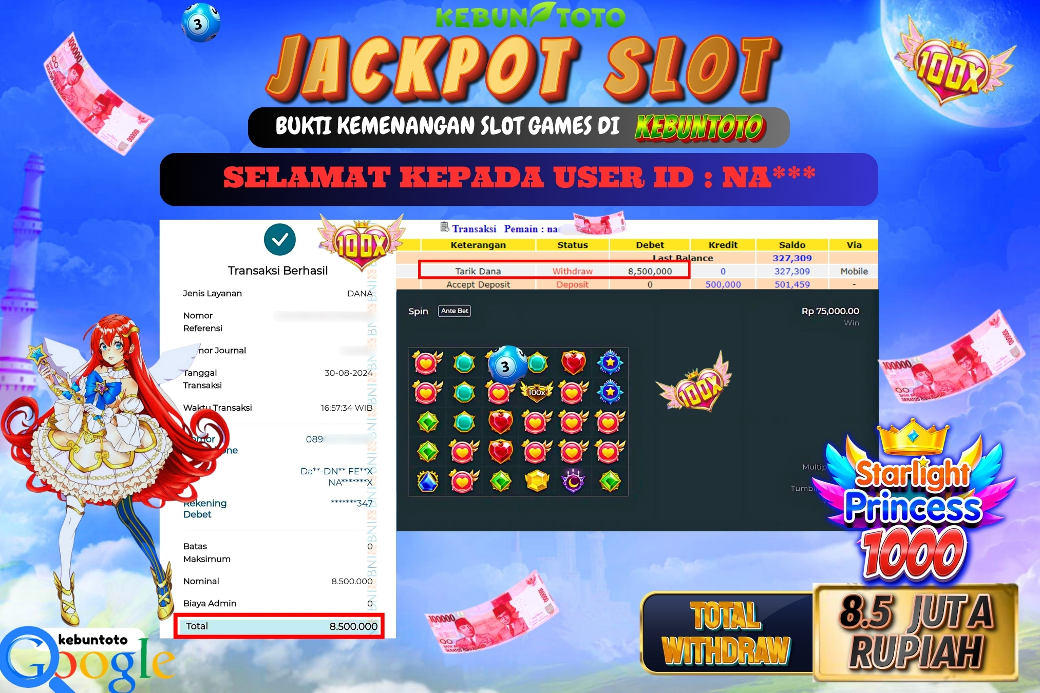 KEBUNTOTO JACKPOT SLOT STARLIGHT PRINCESS 1000 Rp.8.500.000,- LUNAS