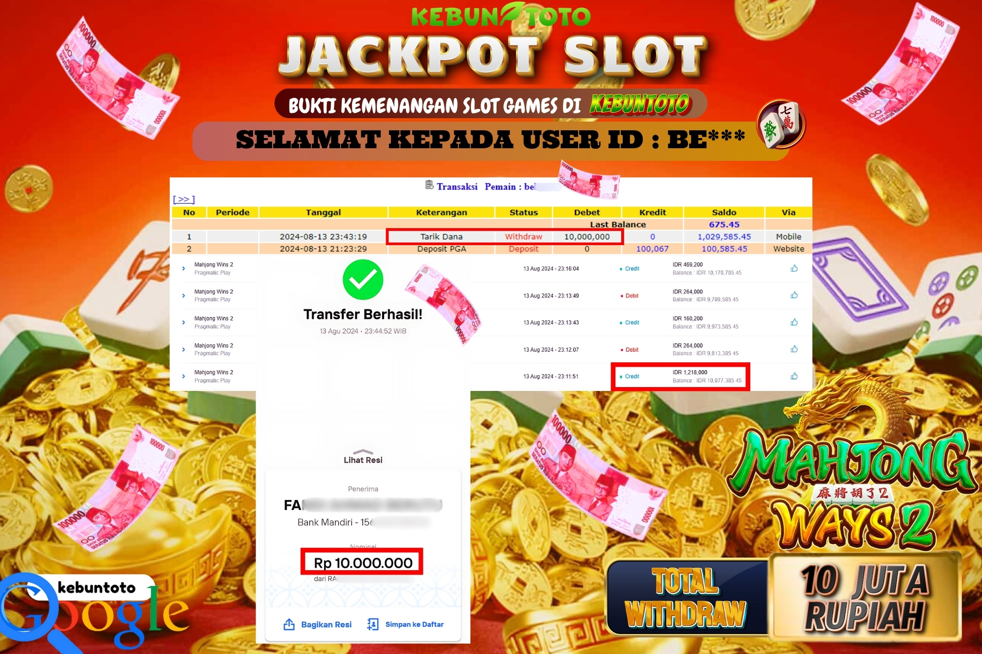 KEBUNTOTO JACKPOT SLOT MAHJONG WAYS 2 Rp.10.000.000,- LUNAS