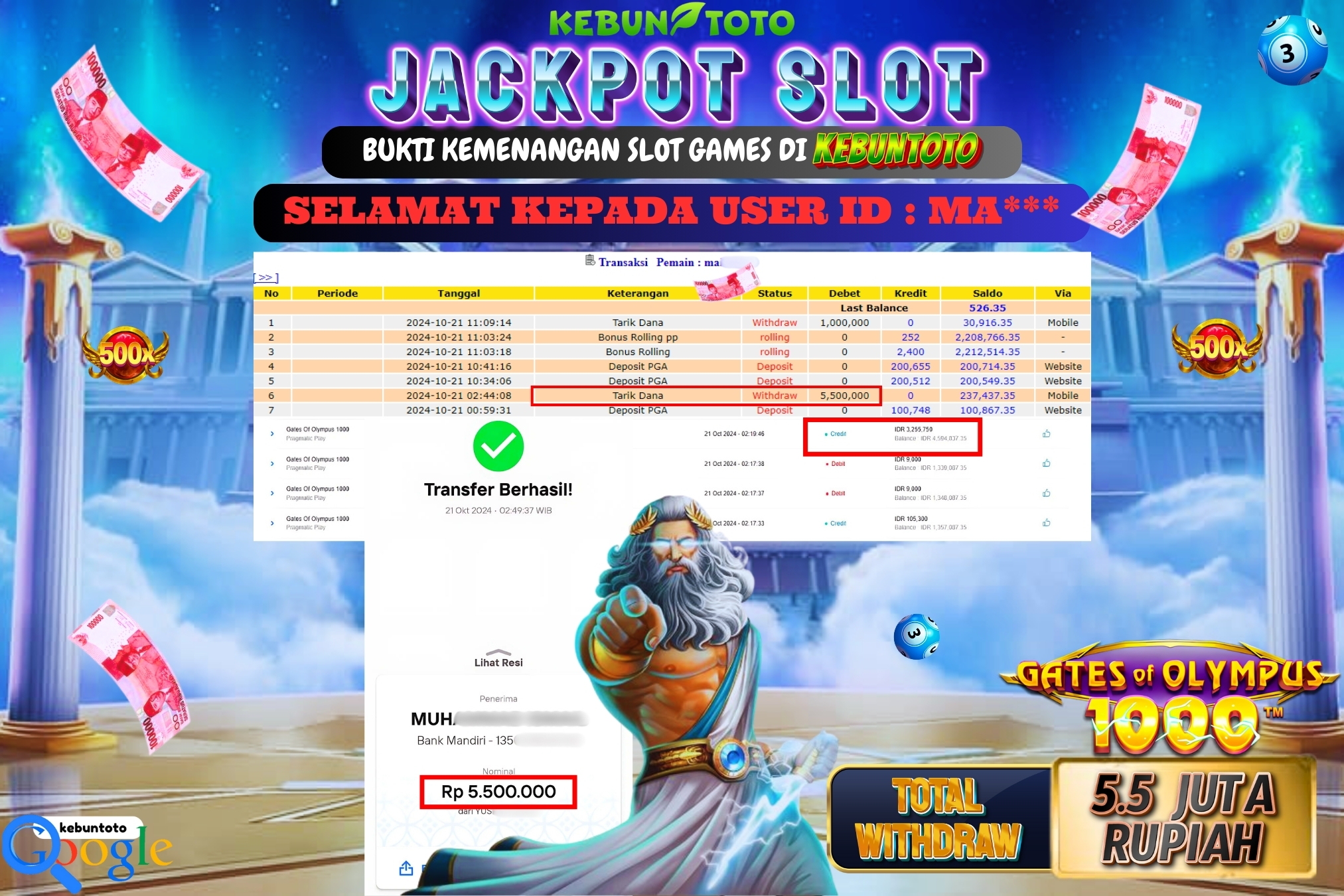KEBUNTOTO JACKPOT SLOT GATES OF OLYMPUS 1000 Rp.5.500.000,- LUNAS