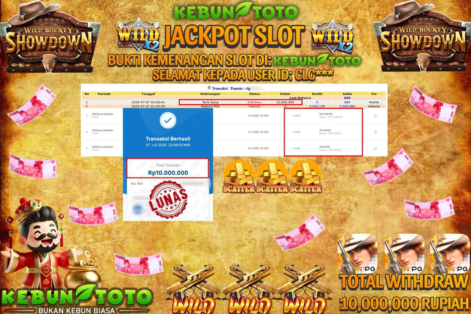 Bukti Kemenangan Rp 10.000.000 SLOT WILD BOUNTY SHOWDOWN di KEBUNTOTO!