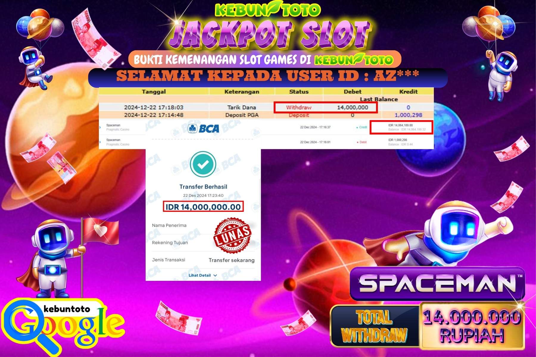KEBUNTOTO JACKPOT LIVE GAMES SPACEMAN , Sebesar Rp.14.000.000,- LUNAS