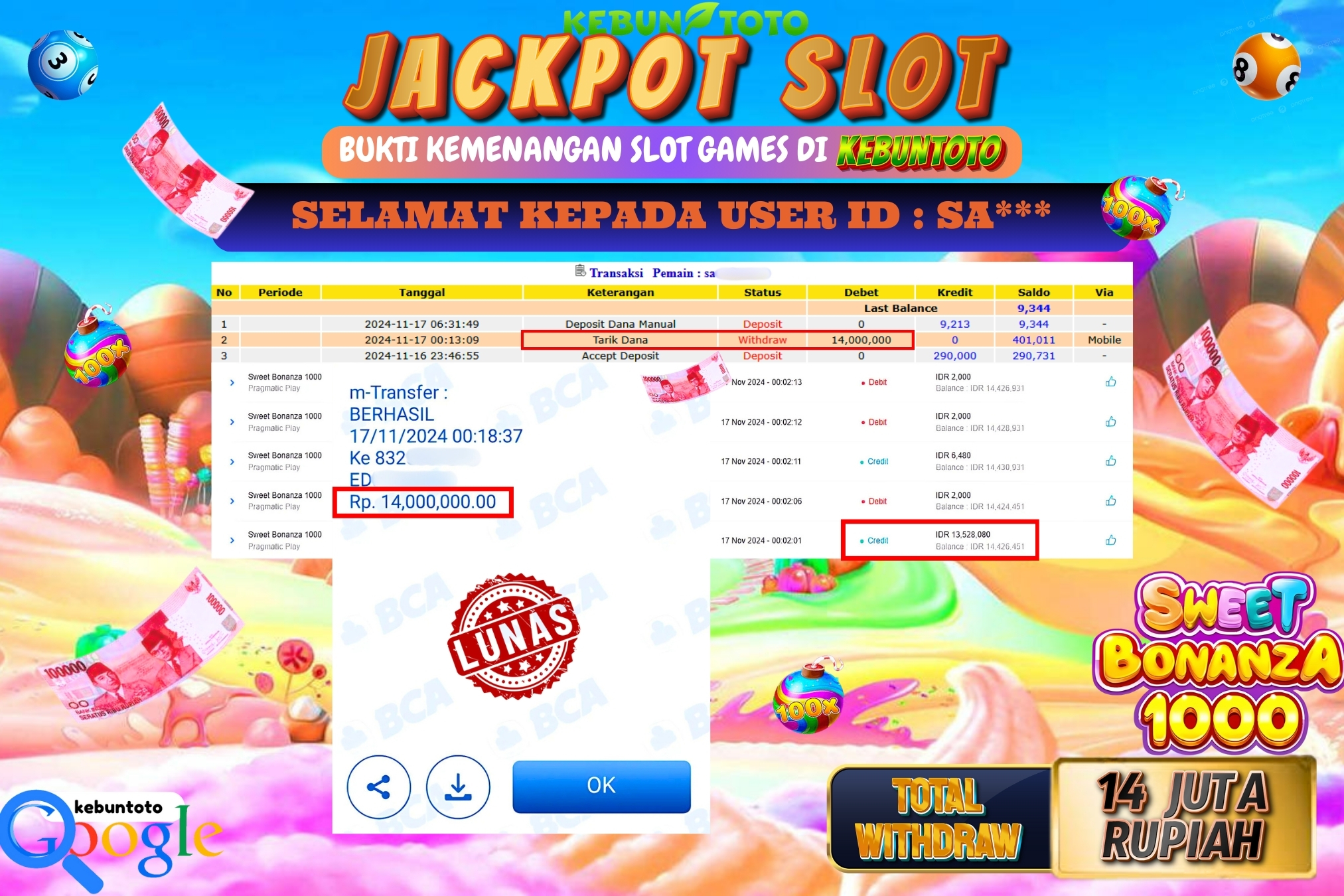 KEBUNTOTO JACKPOT SLOT SWEET BONANZA 1000 Rp.14.000.000,- LUNAS