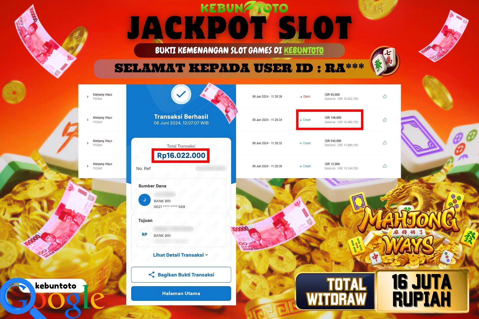 KEBUNTOTO JACKPOT SLOT MAHJONG WAYS Rp.16.022.000,- LUNAS