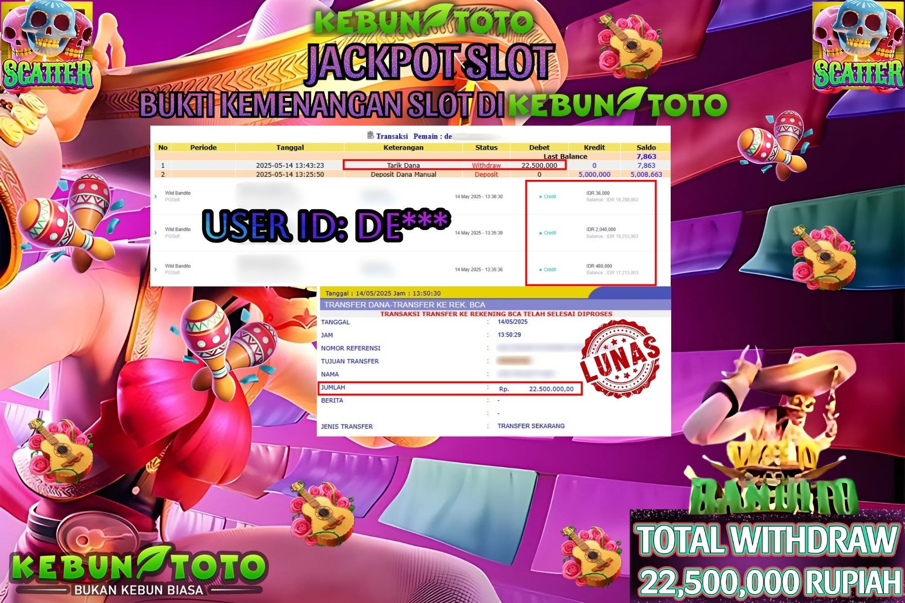 KEBUNTOTO JACKPOT SLOT WILD BANDITO Rp 22,500,000 ,- LUNAS