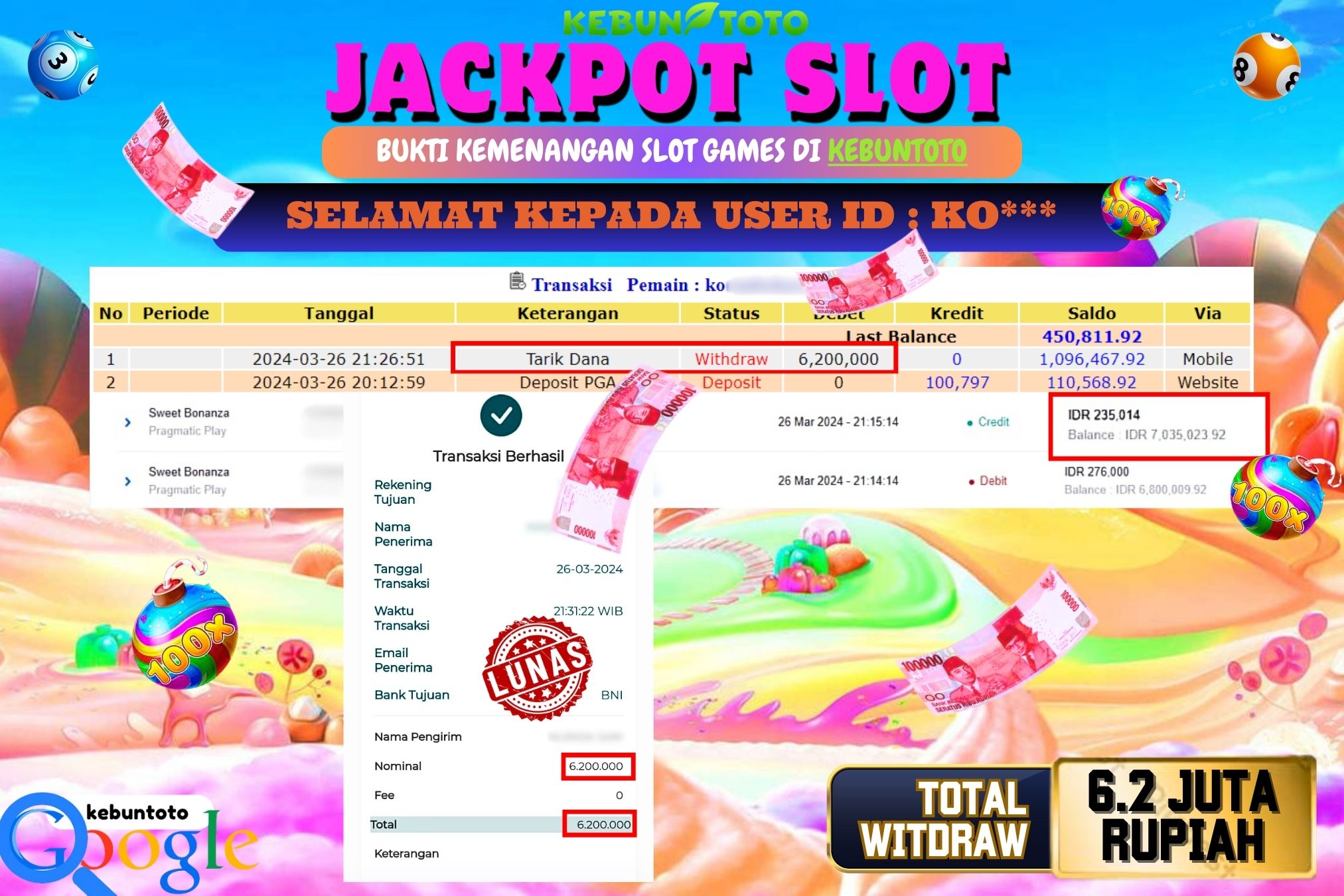 KEBUNTOTO JACKPOT SLOT SWEET BONANZA Rp.6.200.000,- LUNAS
