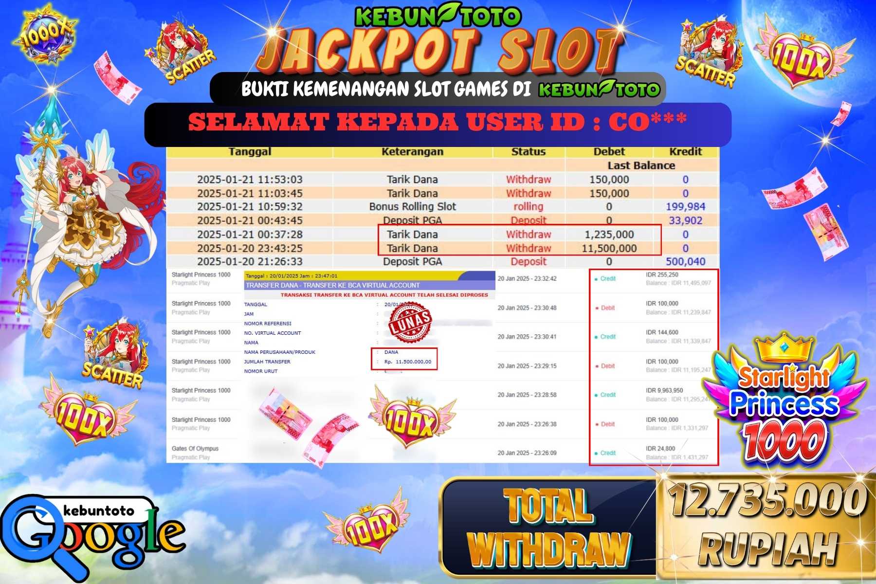 KEBUNTOTO JACKPOT SLOT STARLIGHT PRINCESS 1000 , Sebesar Rp.12.735.000,- LUNAS