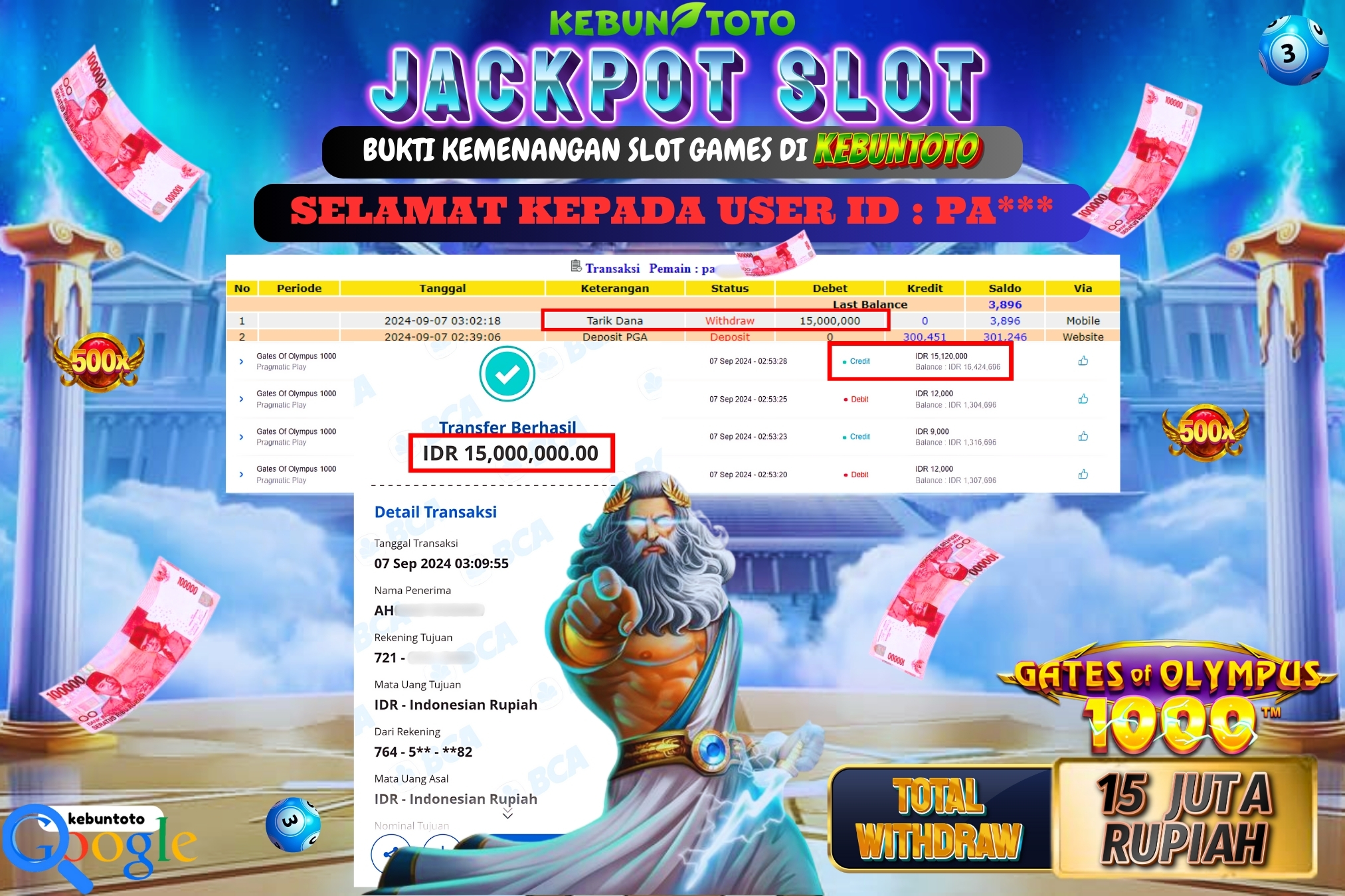 KEBUNTOTO JACKPOT SLOT GATES OF OLYMPUS 1000 Rp.15.000.000,- LUNAS