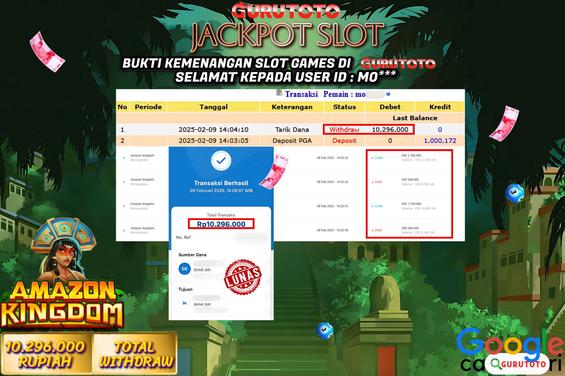 Jackpot Slot Amazon Kingdom di Gurutoto sebesar Rp.10.296.000 dibayar lunas.