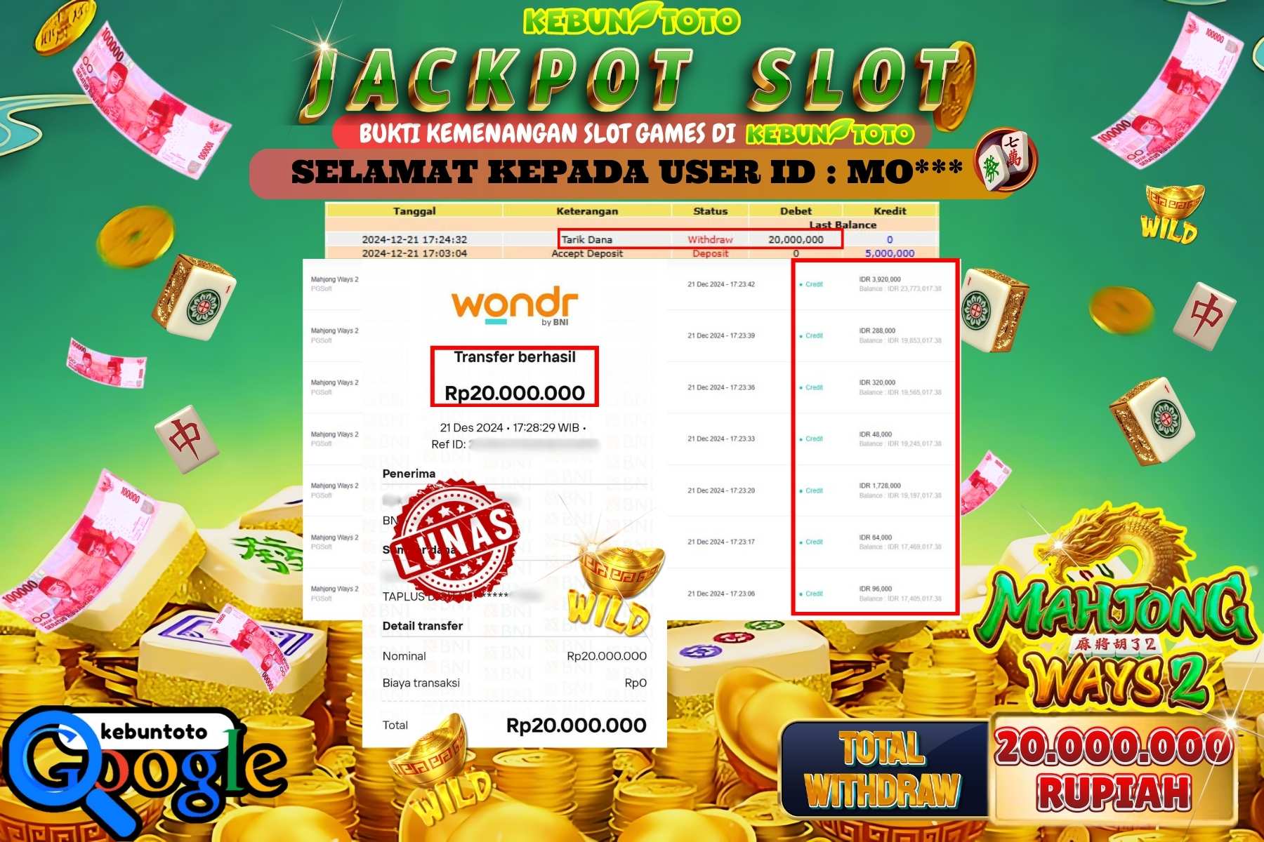 KEBUNTOTO JACKPOT SLOT MAHJONG WAYS 2 , Sebesar Rp.20.000.000,- LUNAS