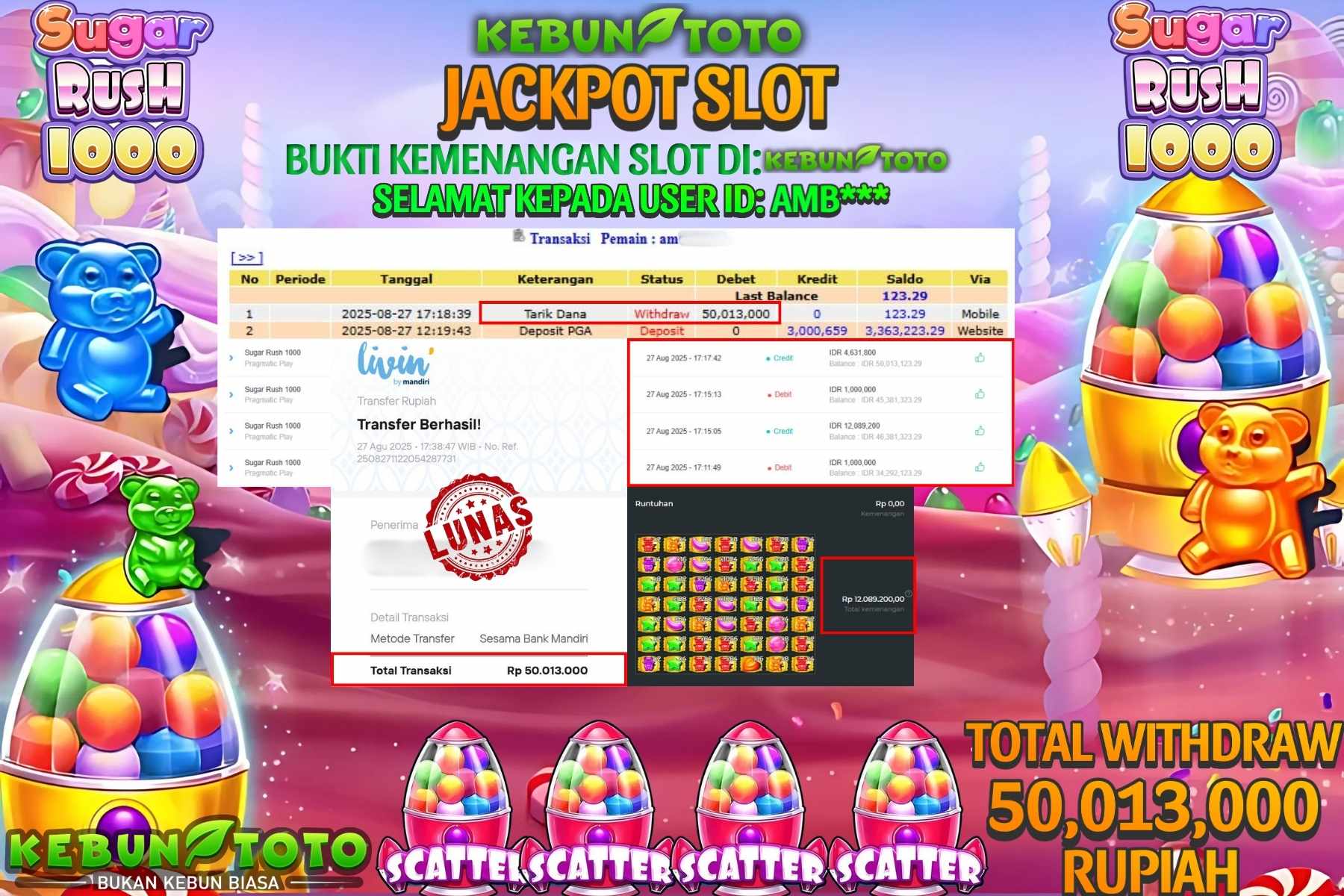 Bukti Kemenangan Rp 50.013.000 SLOT SUGAR RUSH 1000 di KEBUNTOTO!