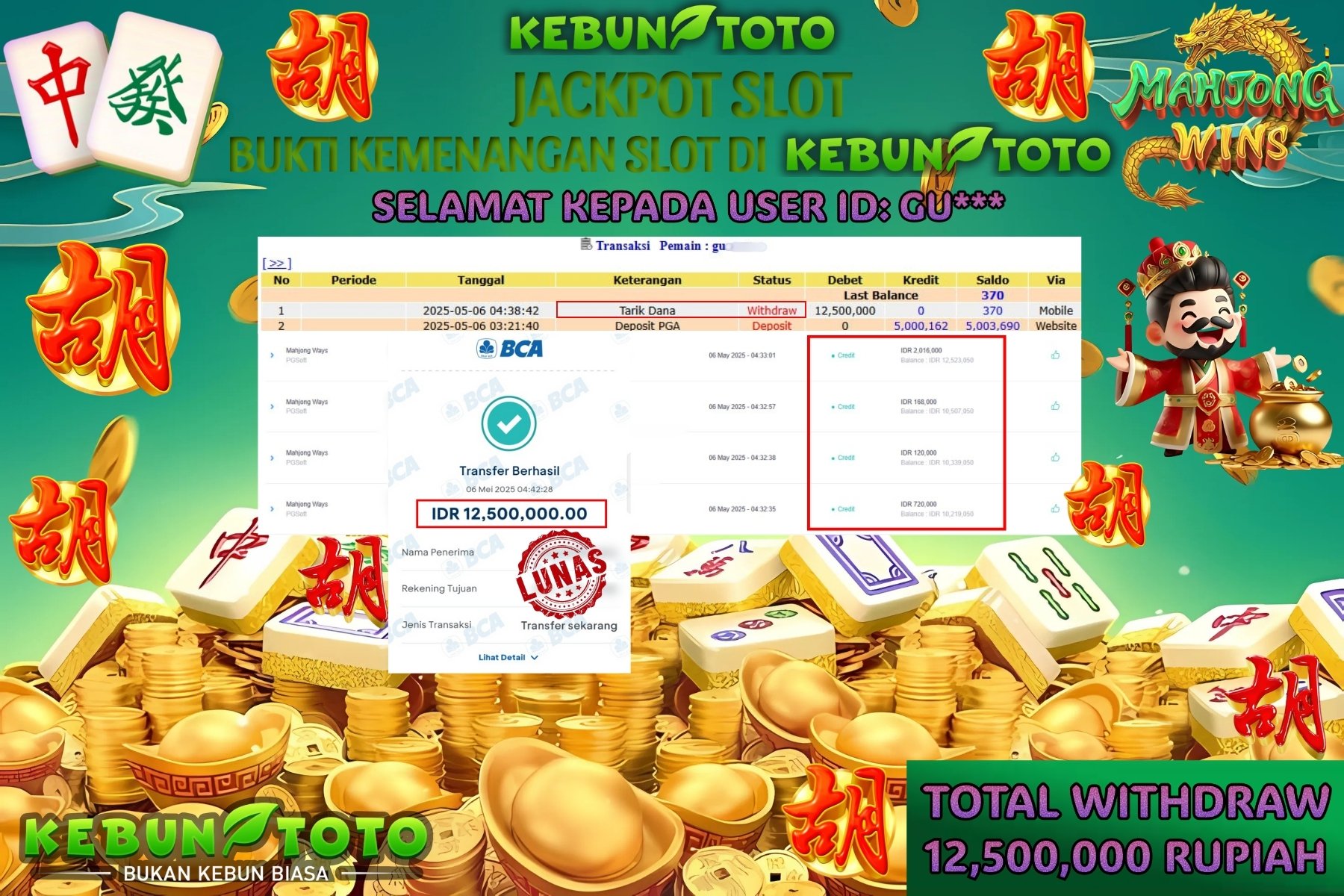 KEBUNTOTO JACKPOT SLOT MAHJONG WAYS Rp 12.500.000 ,- LUNAS