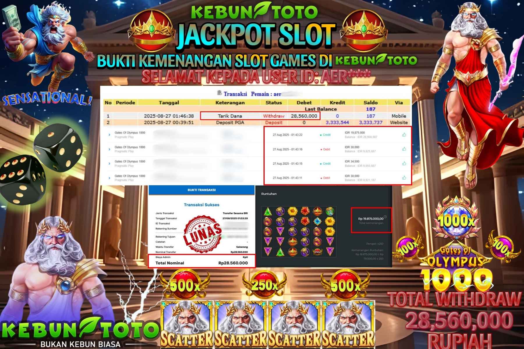 Bukti Kemenangan Rp 25.560.000 SLOT GATES OF OLYMPUS 1000 di KEBUNTOTO!