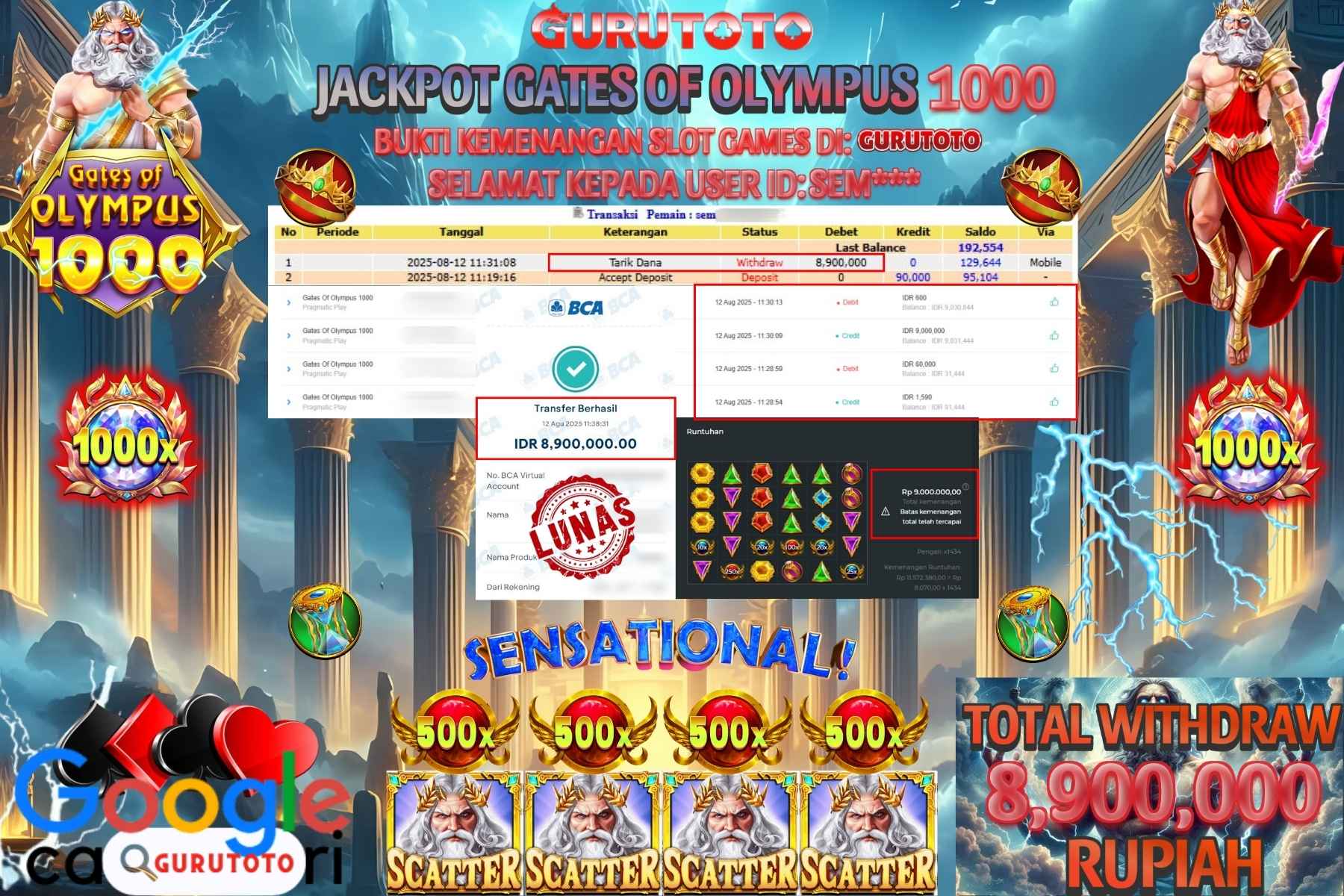 Bukti Kemenangan Rp 8.900.000 SLOT GATES OF OLYMPUS 1000 di GURUTOTO!