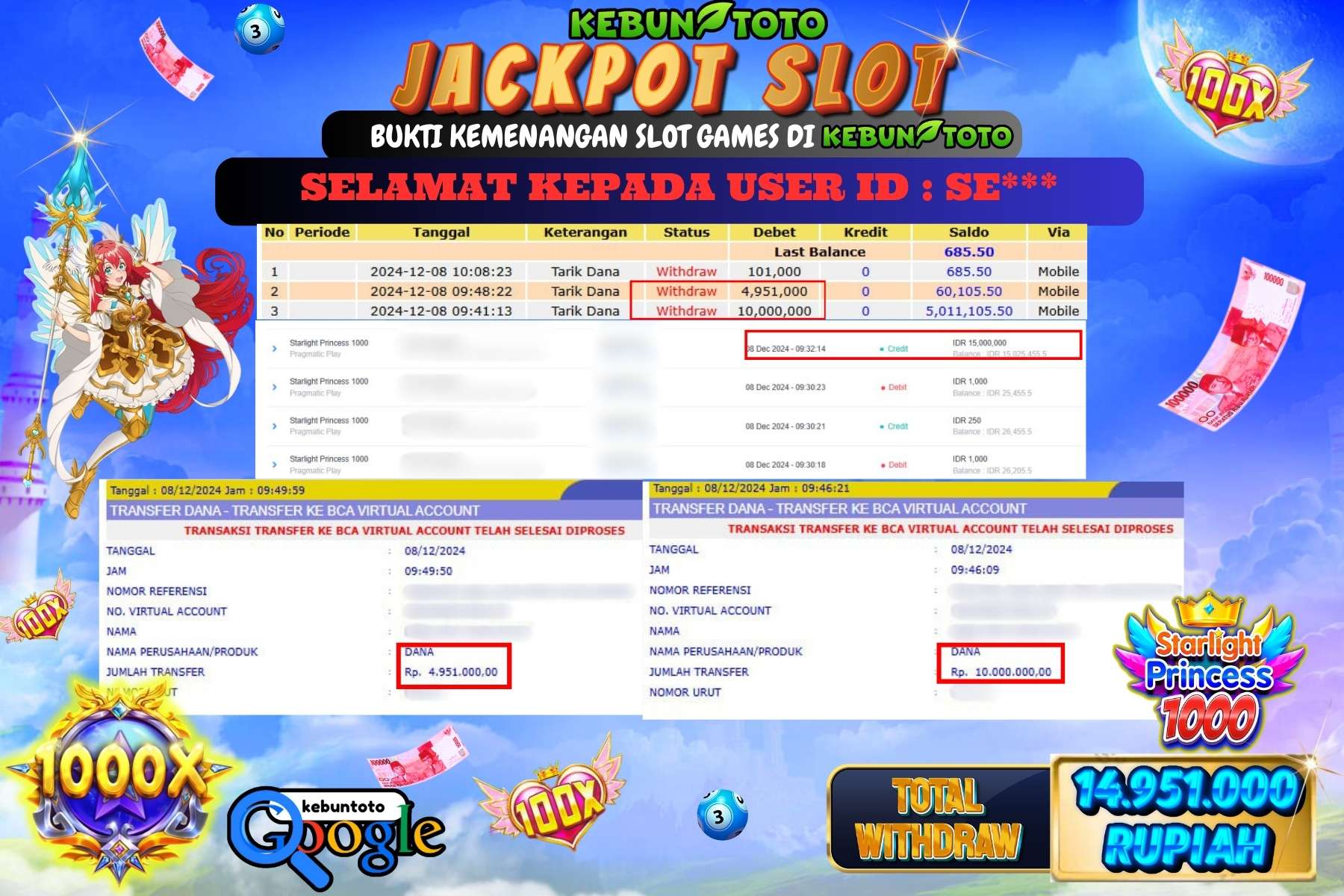 KEBUNTOTO JACKPOT STARLIGHT PRINCESS 1000, Sebesar Rp.14.951.000,- LUNAS