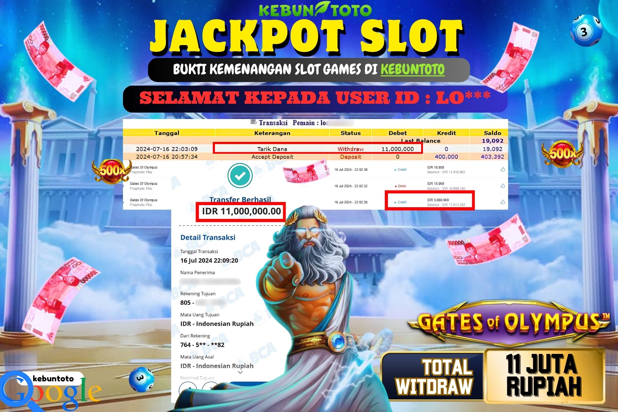 KEBUNTOTO JACKPOT SLOT GATES OF OLYMPUS Rp.11.000.000,- LUNAS