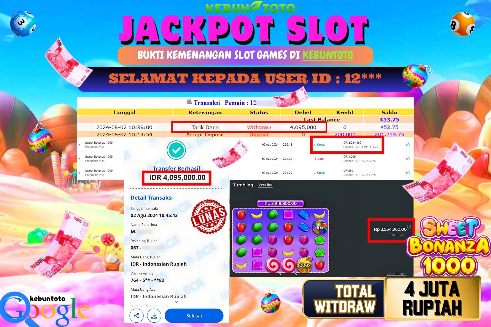 KEBUNTOTO JACKPOT SLOT SWEET BONANZA 1000 Rp.4.095.000,- LUNAS