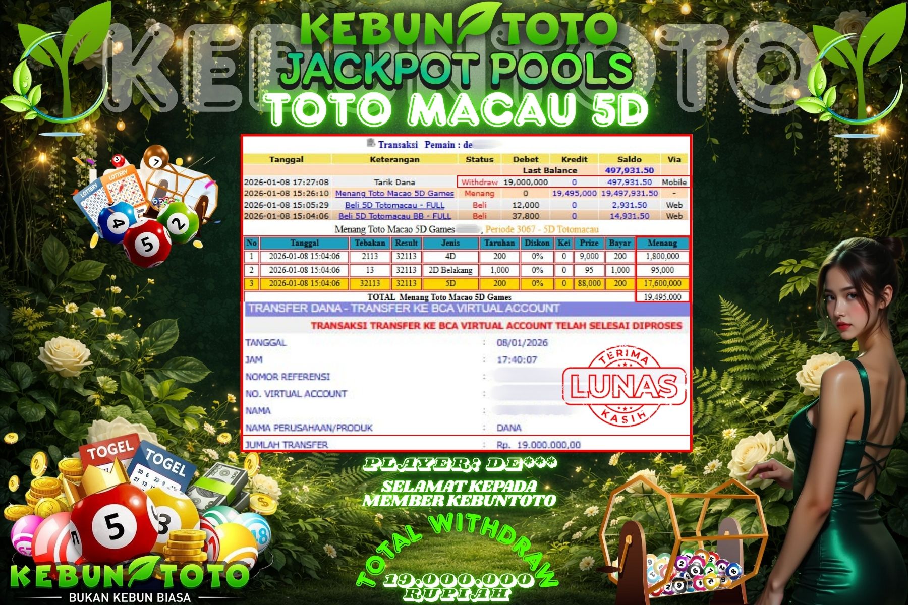 Bukti Kemenangan Rp 19.000.000 TOGEL TOTO MACAU 5D di KEBUNTOTO!