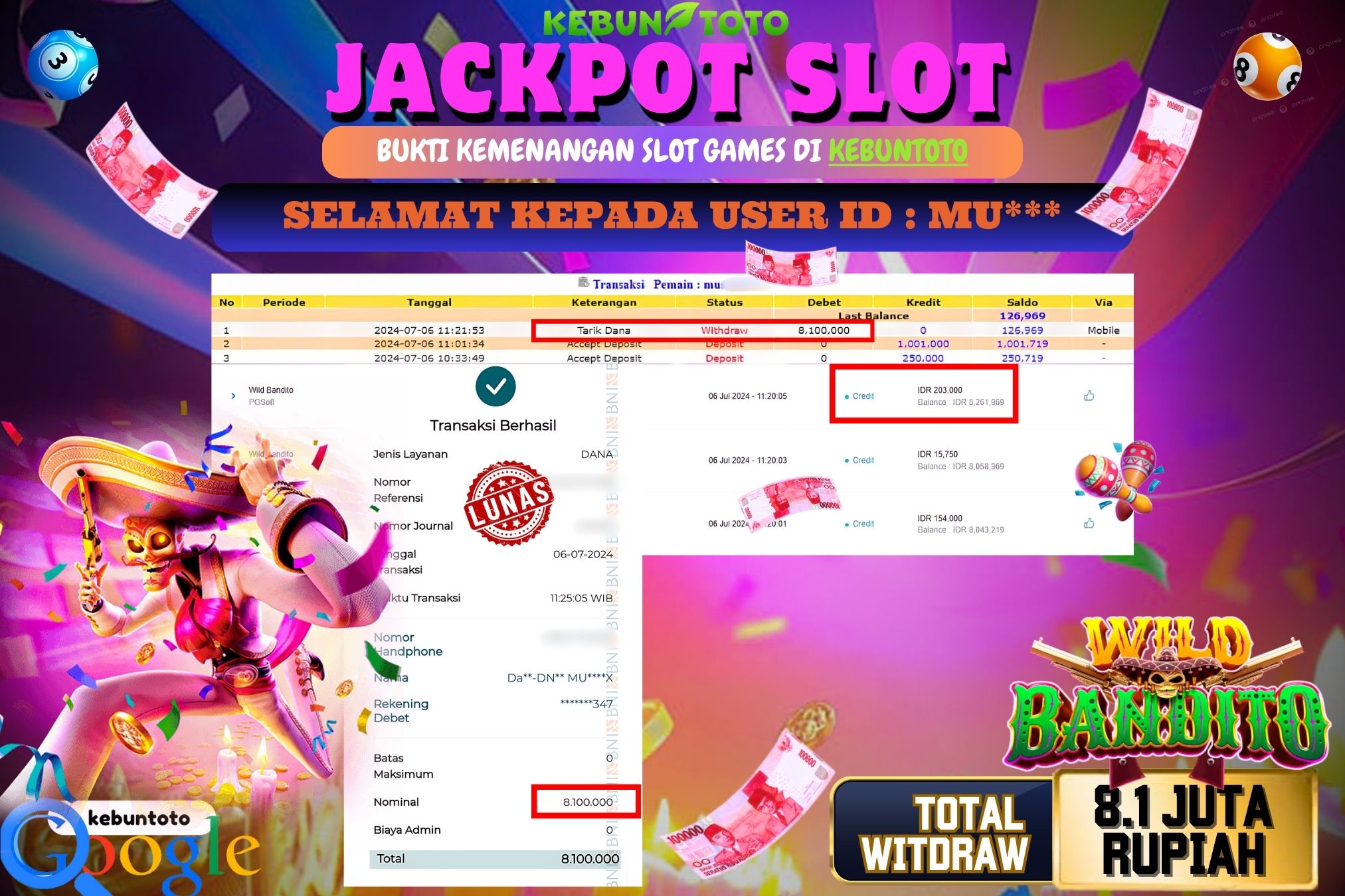 KEBUNTOTO JACKPOT SLOT WILD BANDITO Rp.8.100.000,- LUNAS