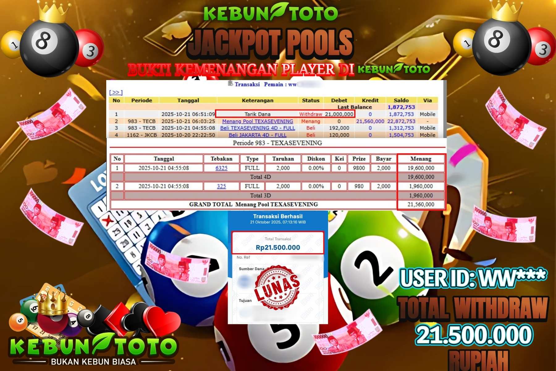 Bukti Kemenangan Rp 21.500.000 TOGEL TEXASEVENING di KEBUNTOTO!