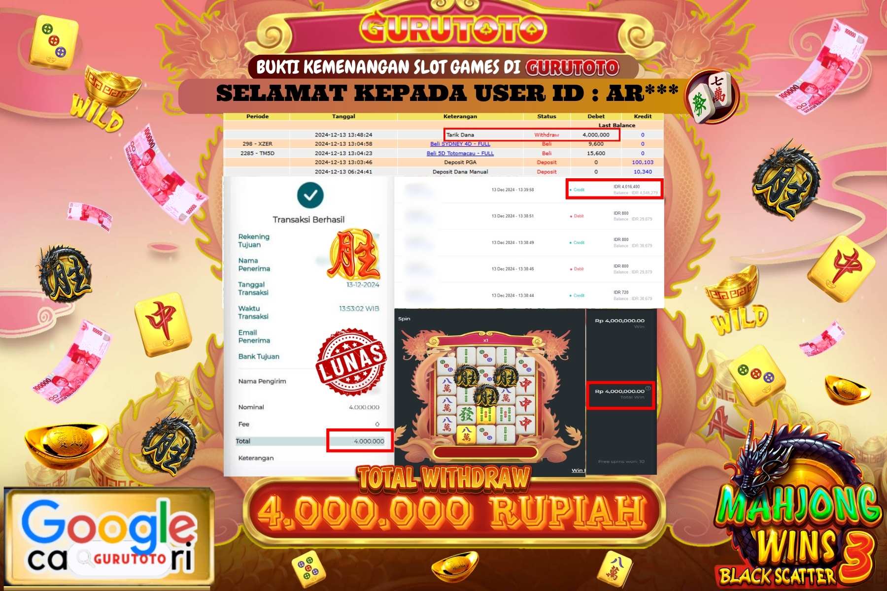 Jackpot SLOT MAHJONG WINS 3 BLACK SCATTER  di GURUTOTO sebesar Rp.4.000.000,- dibayar lunas.