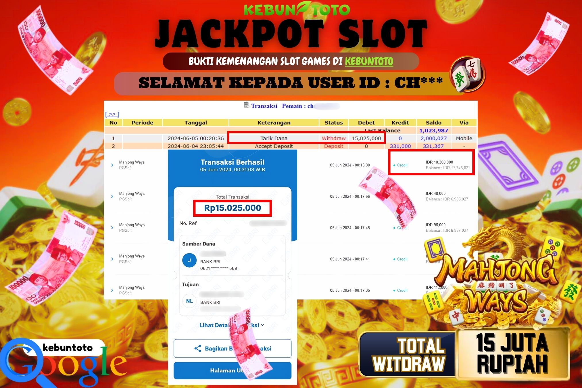 KEBUNTOTO JACKPOT SLOT MAHJONG WAYS Rp.15.025.000,- LUNAS