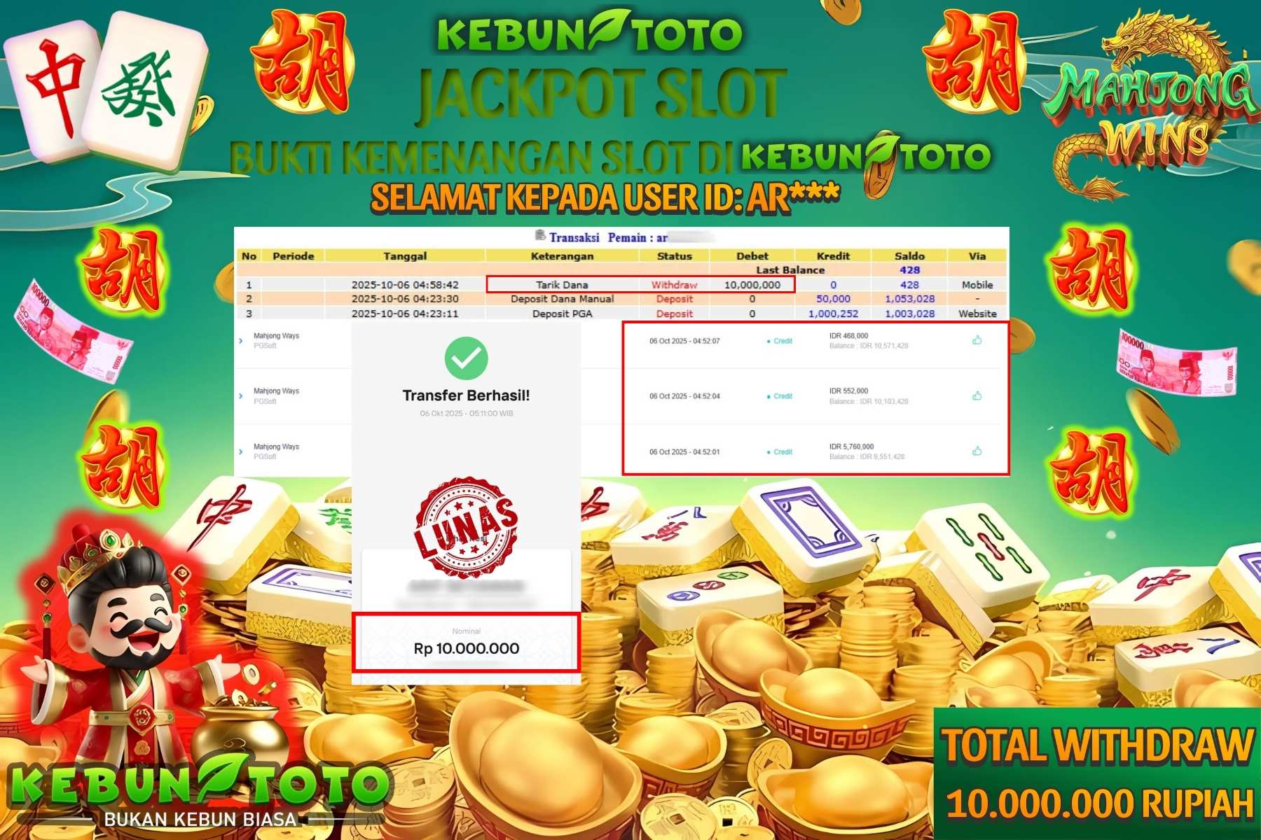 Bukti Kemenangan Rp 10.000.000 SLOT MAHJONG WAYS di KEBUNTOTO!